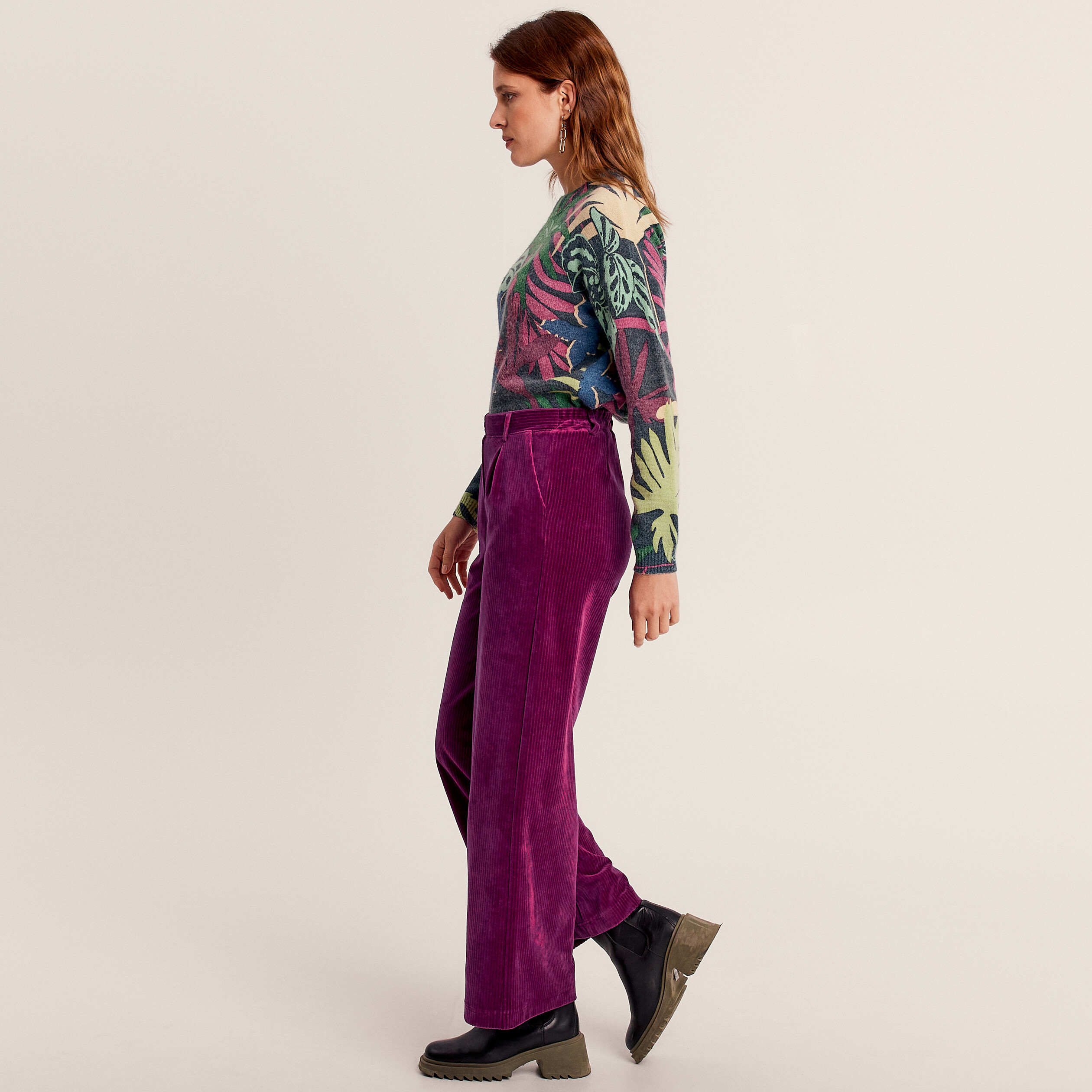Pantalon large velours prune femme