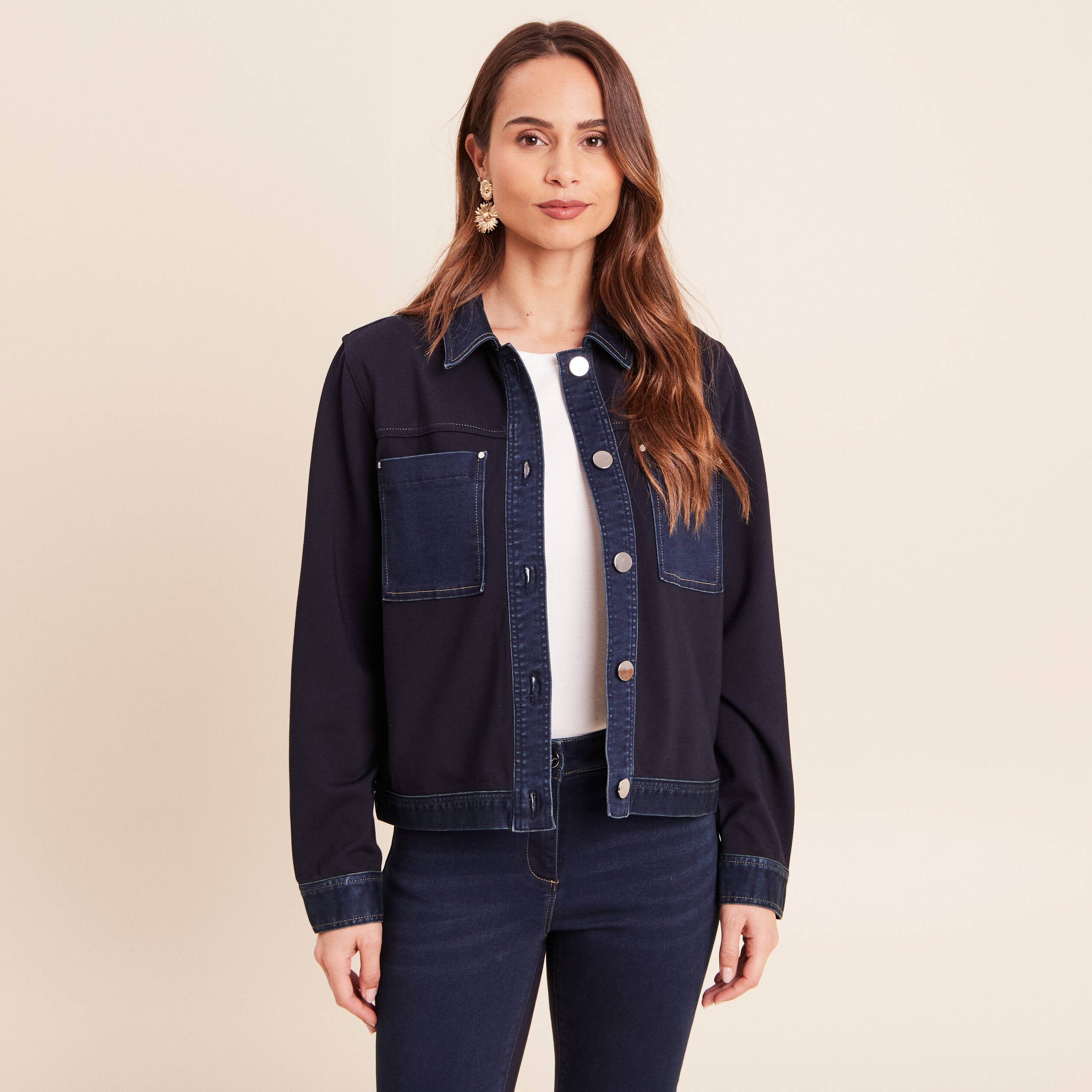 Veste droite courte manches longues denim brut femme