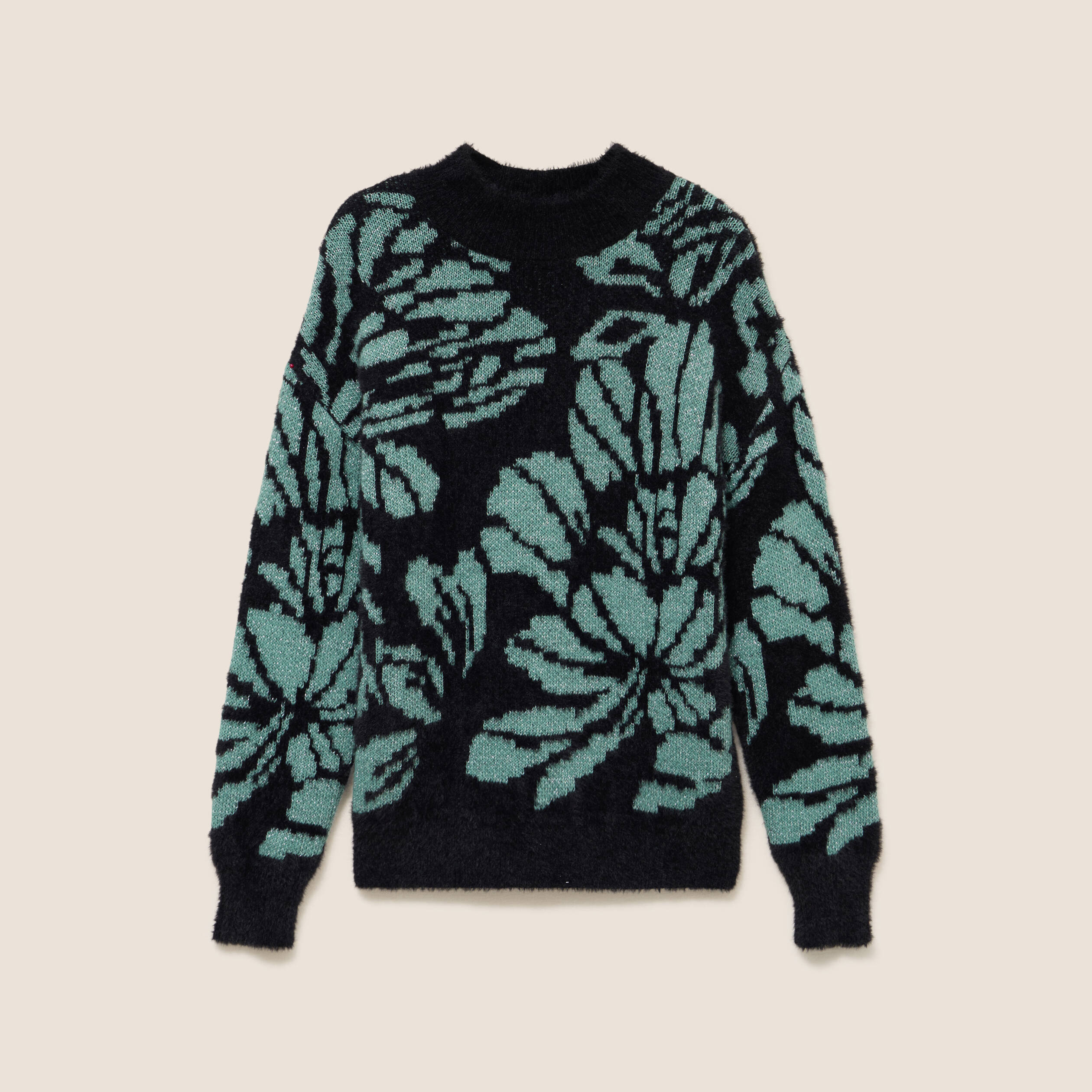Pull duveteux col montant noir femme