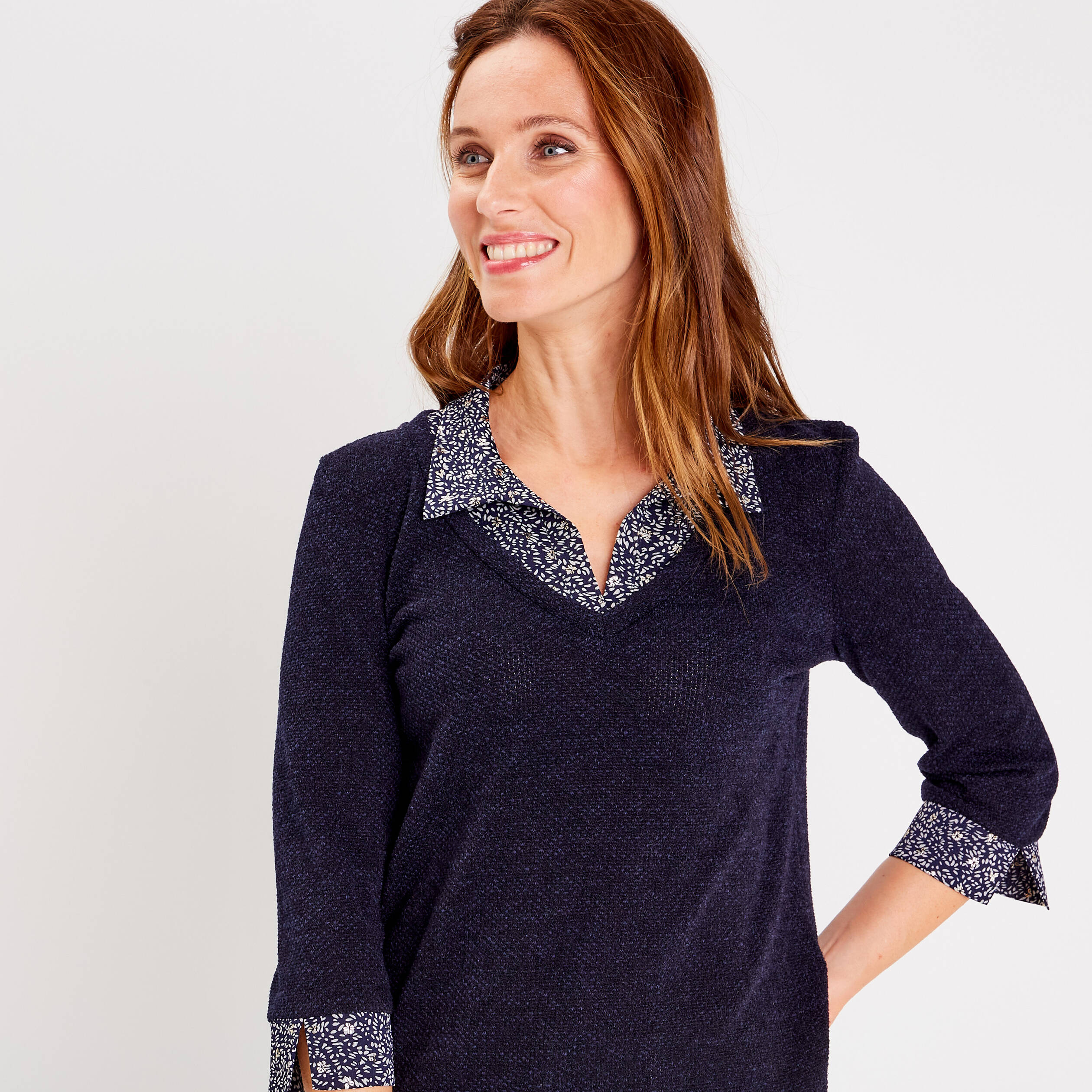 T-shirt manches 3/4 bleu femme