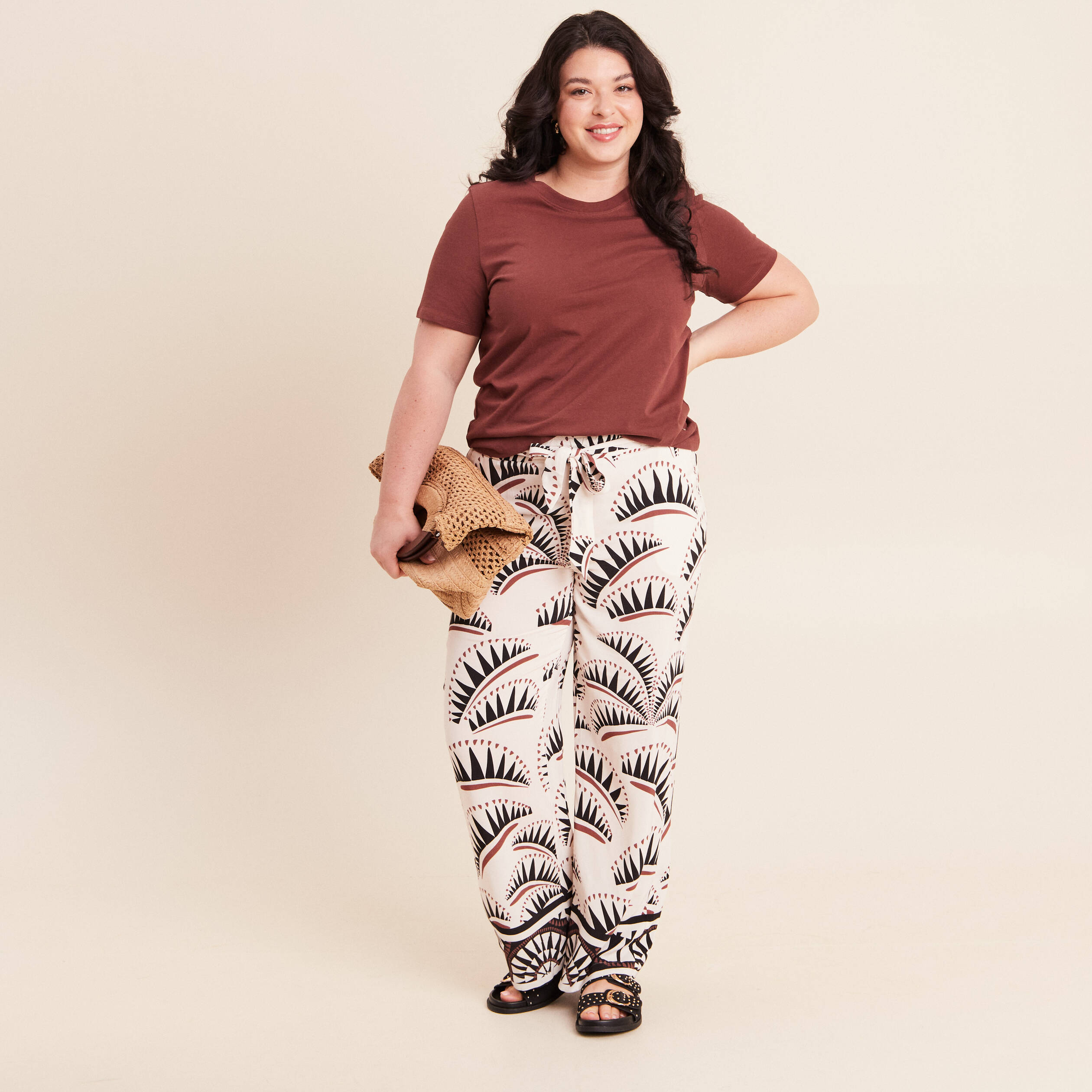 Pantalon large taille haute marron femme