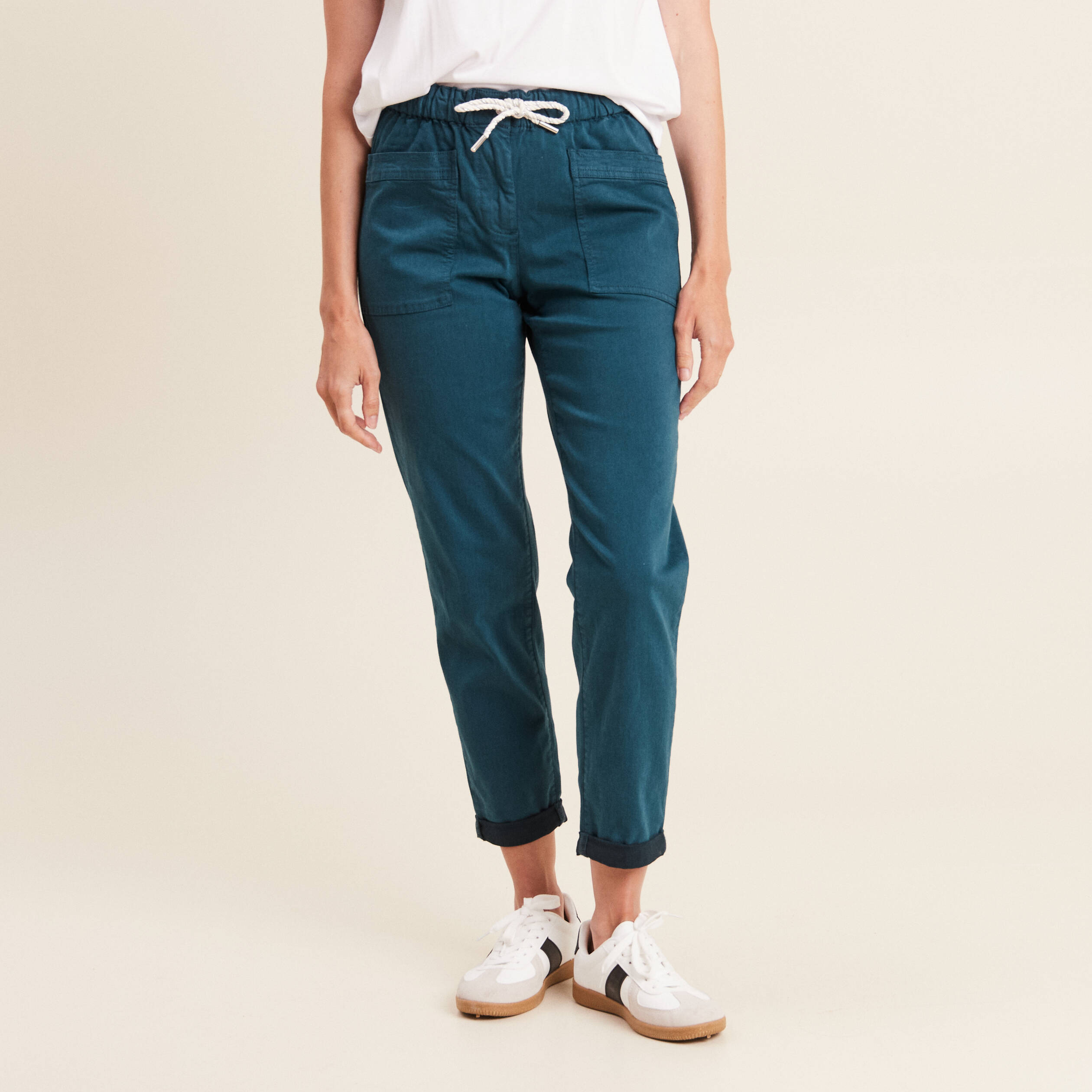Pantalon coupe mom 7/8&egrave;me bleu canard femme
