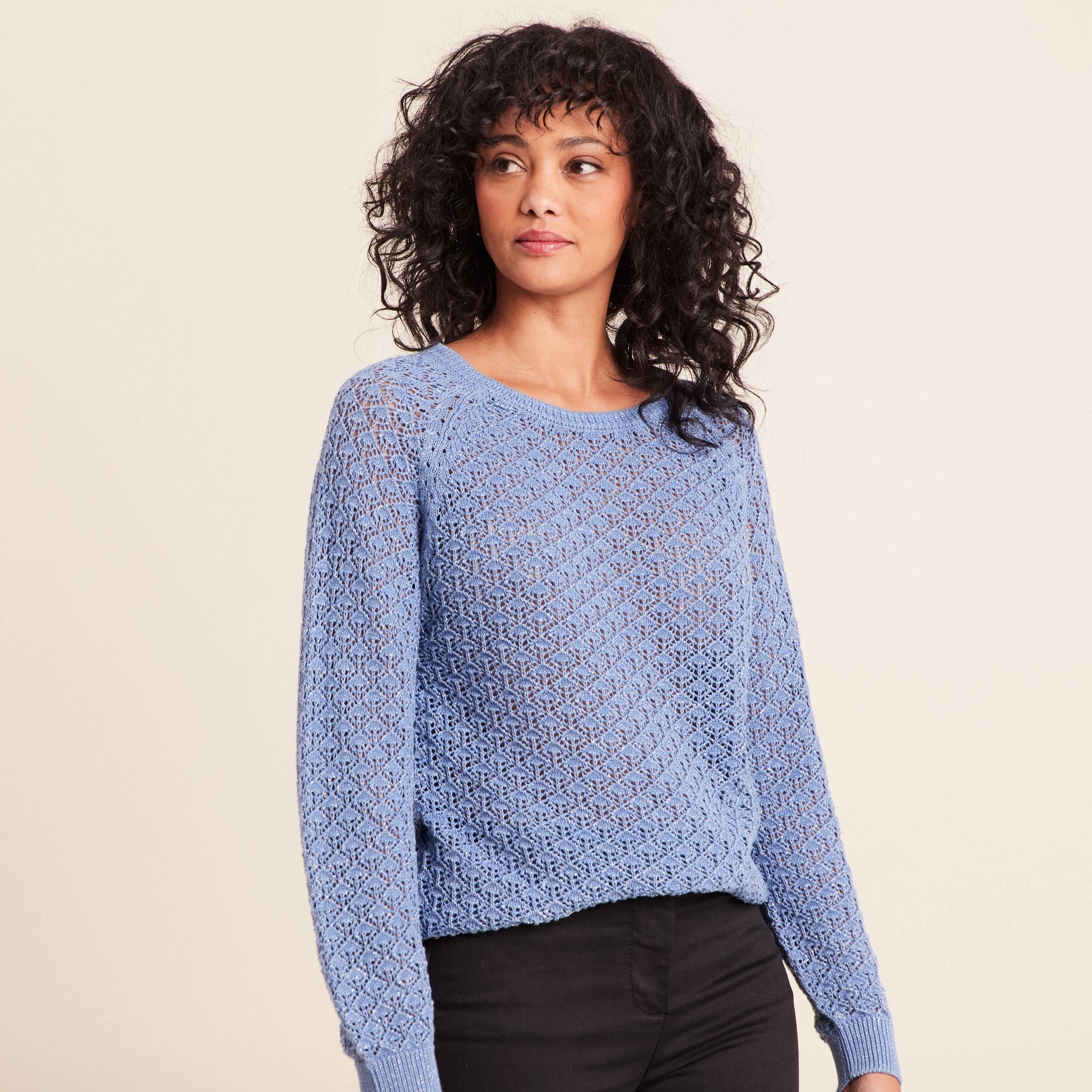 Pull col rond manches longues bleu ciel femme