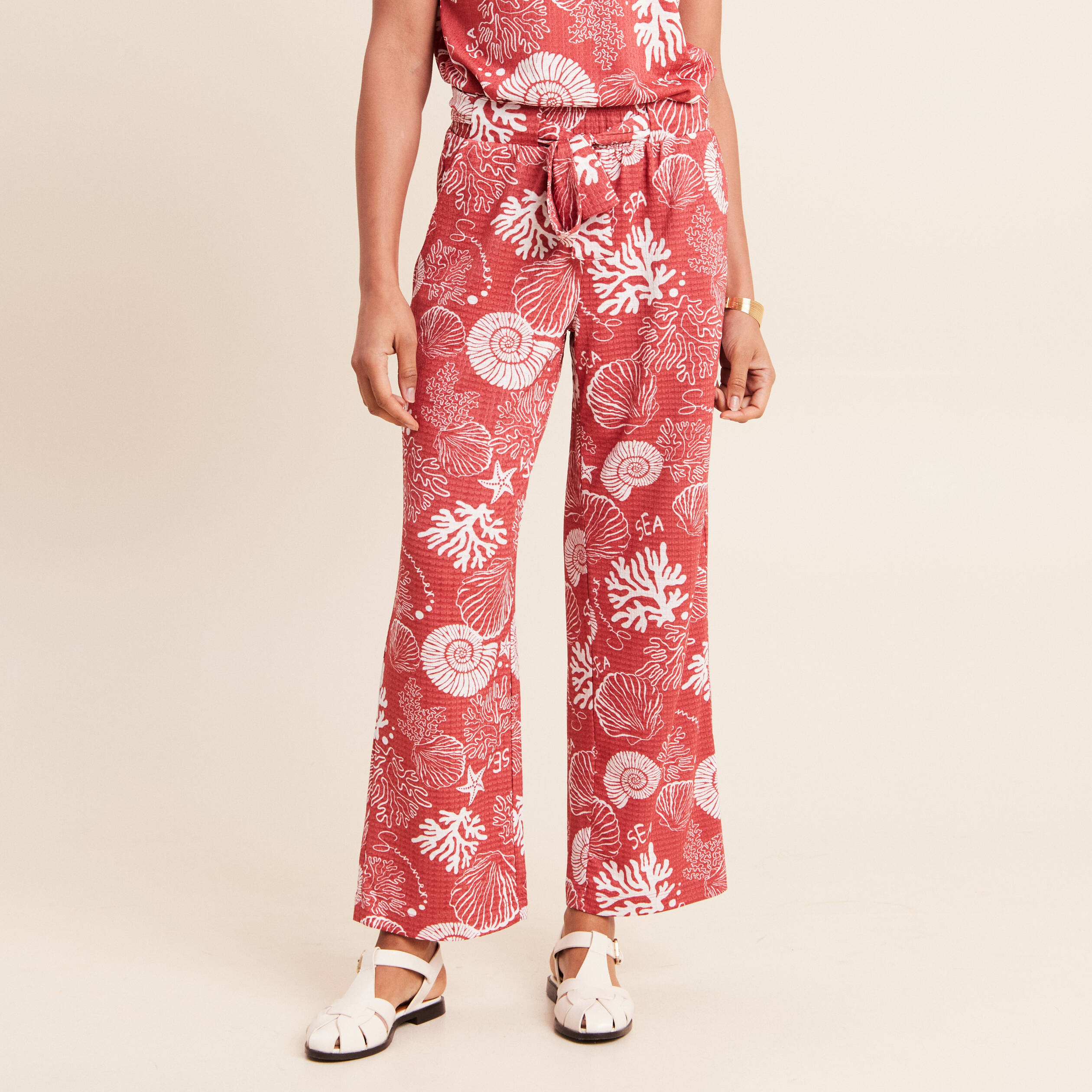 Pantalon coupe large 7/8&egrave;me taille haute orange femme