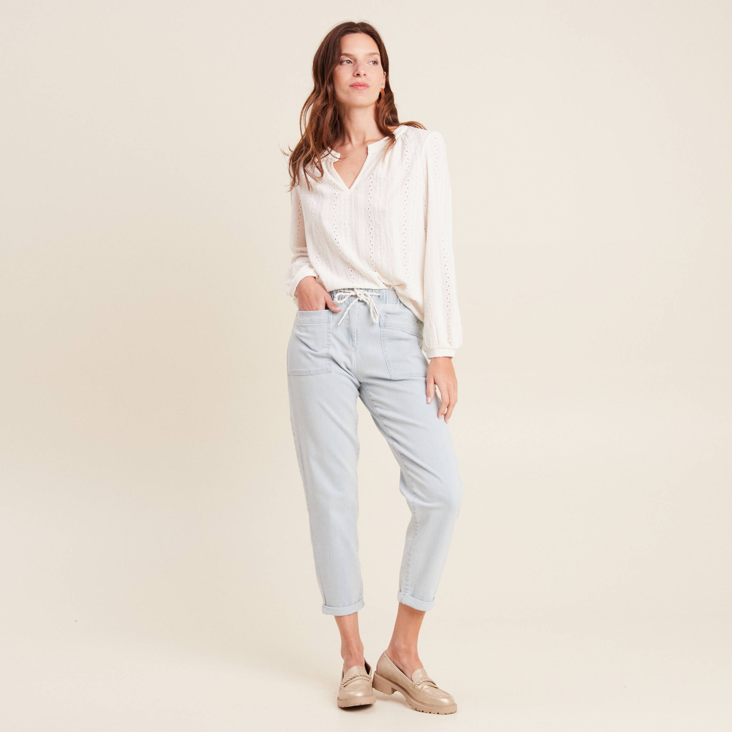jean large a coulisse denim bleach femme Jean large à coulisse denim bleach femme