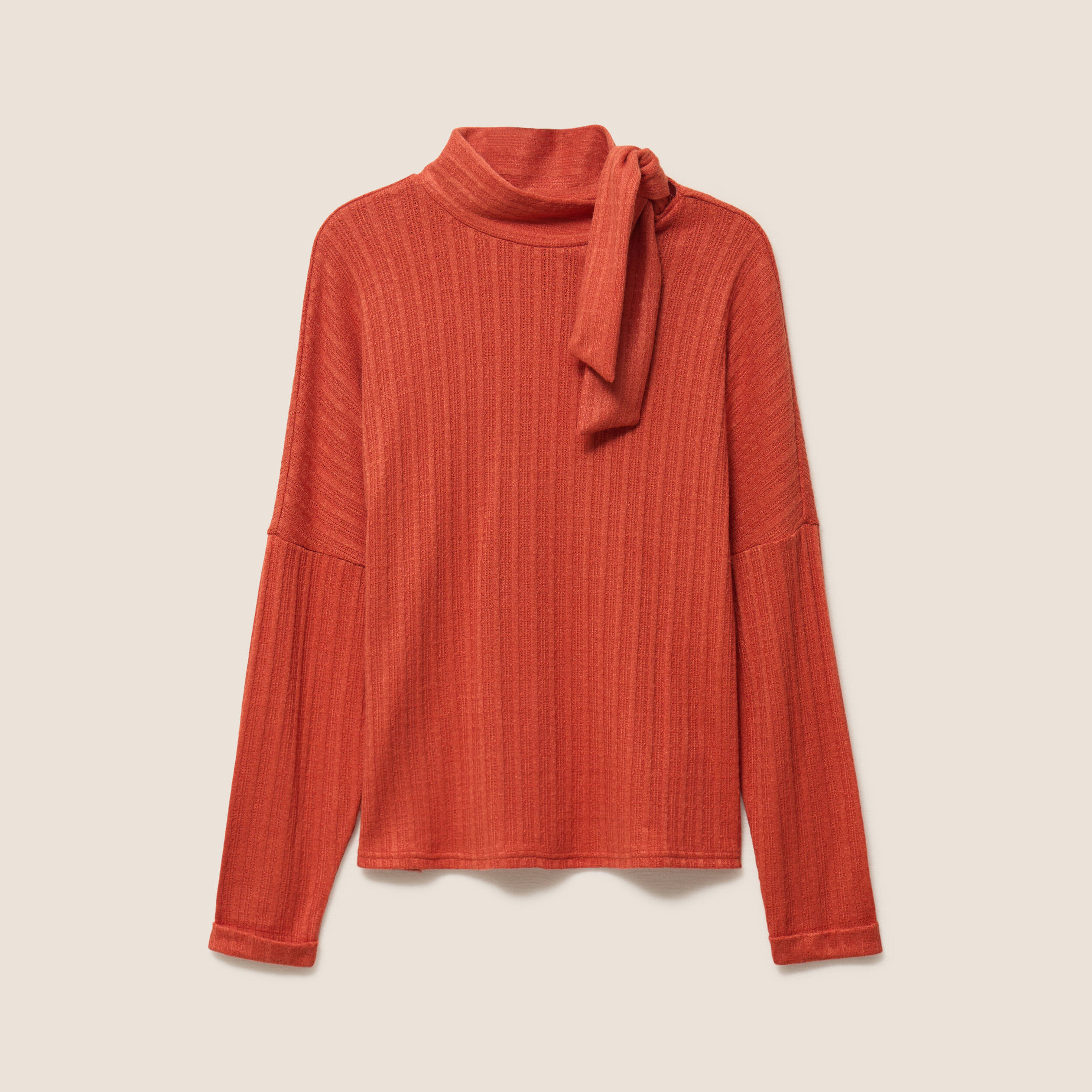 T-shirt col nou&eacute; manches longues rouge fonc&eacute; femme