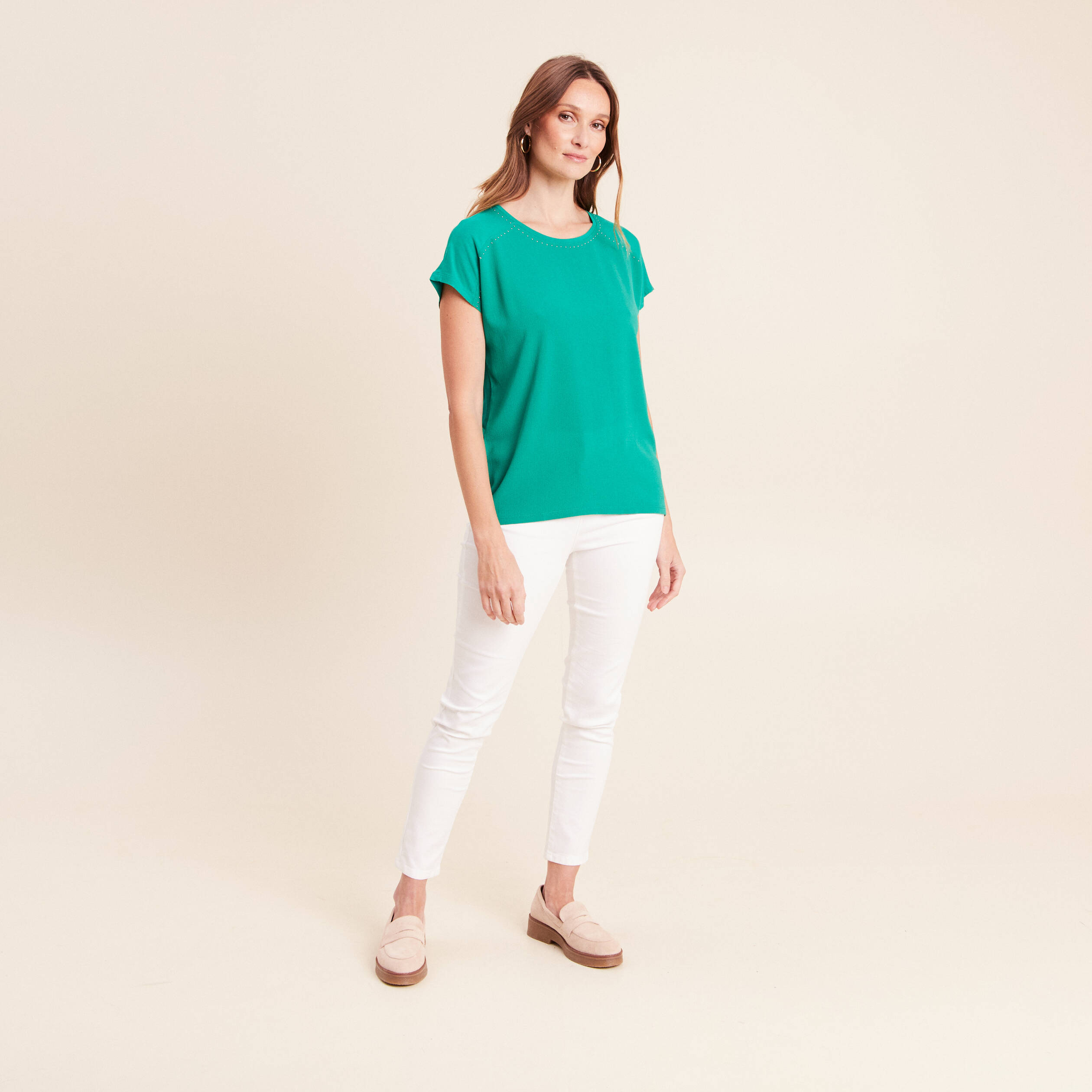 T-shirt bi-mati&egrave;re manches courtes vert menthe femme