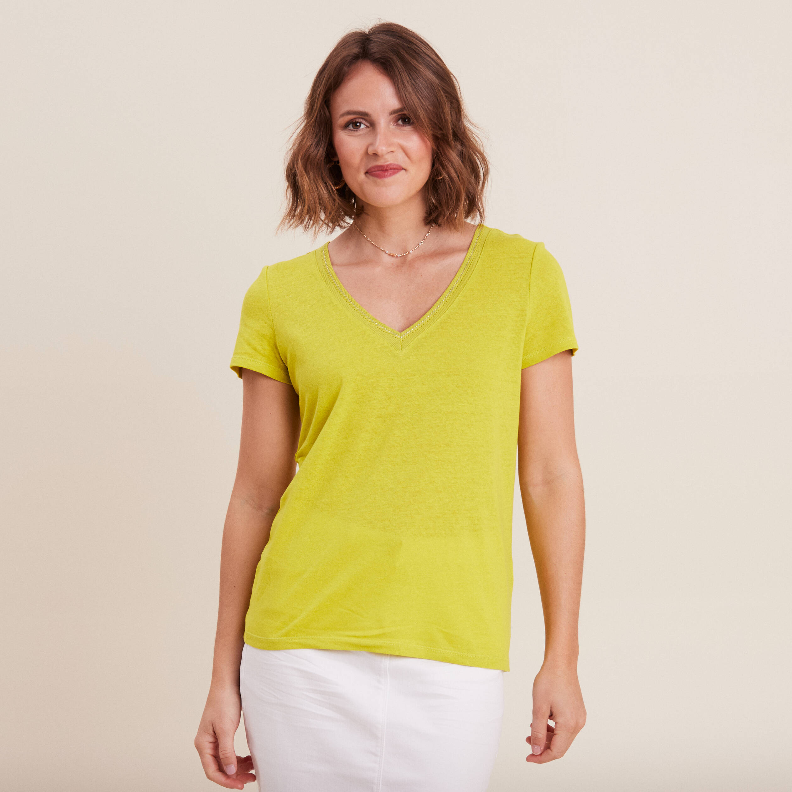 T-shirt Imprimé Nature, Col En V Et Manches 3/4, Coupe évasée, Baie D