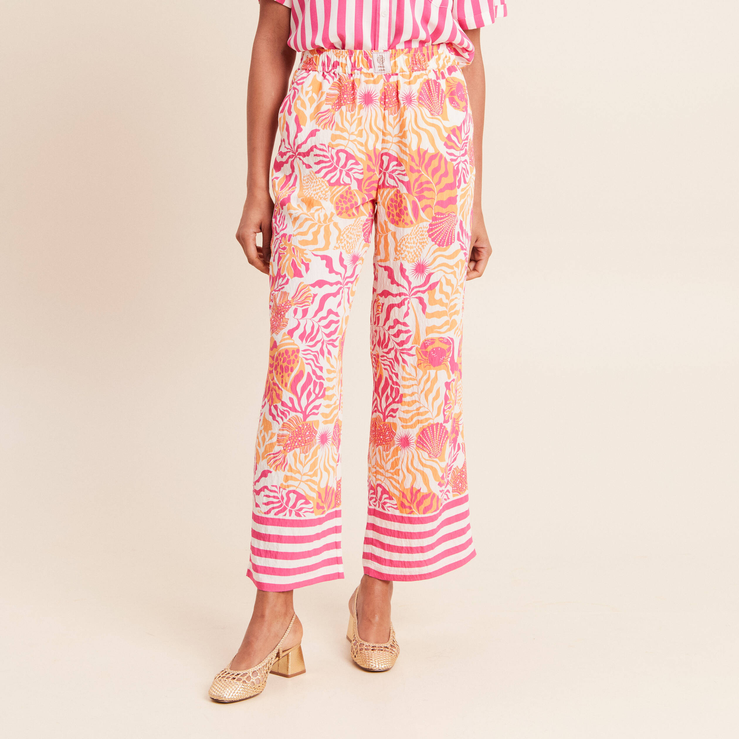 Pantalon fluide et large taille haute rose corail femme