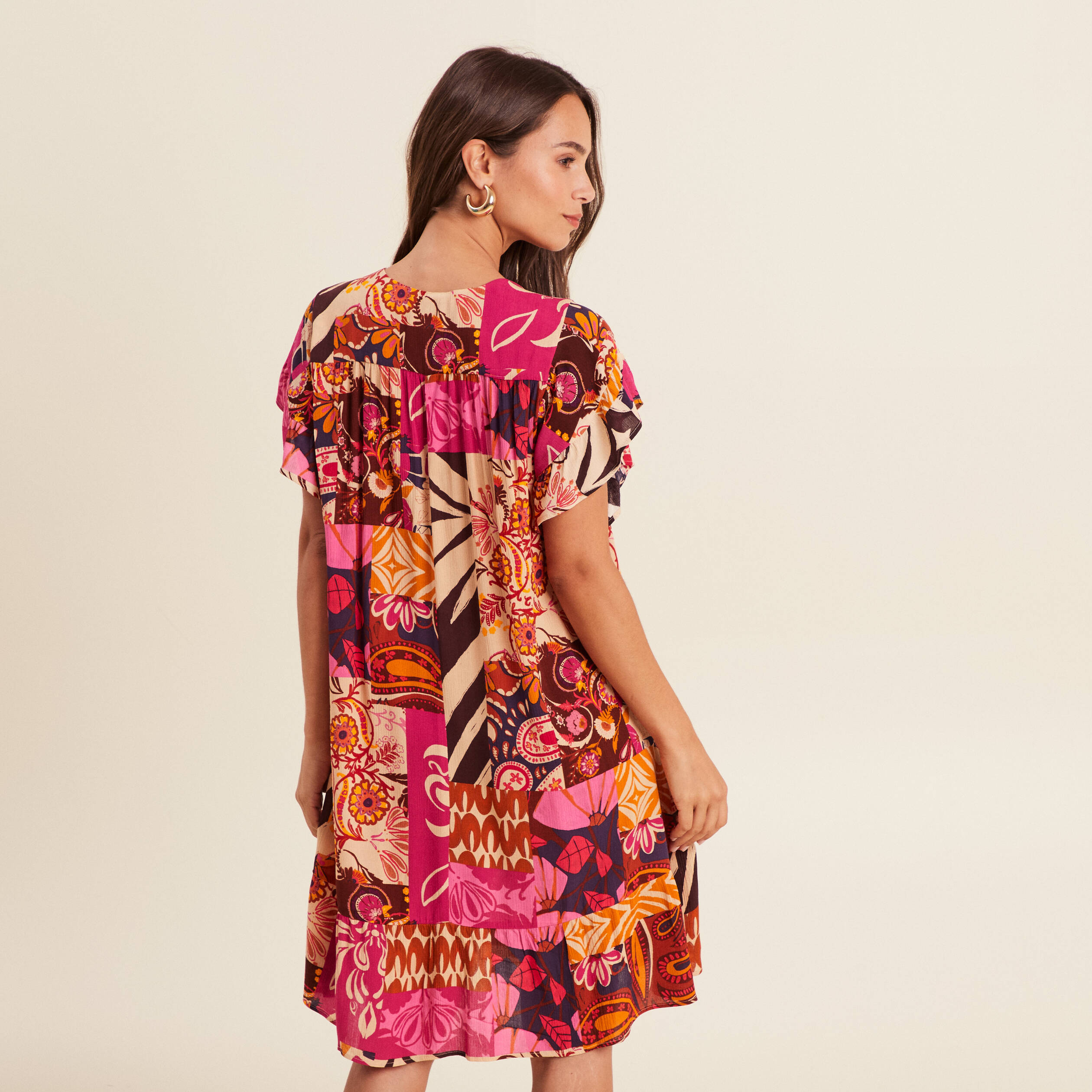 robe courte evasee col tunisien rose femme Robe courte évasée col tunisien rose femme