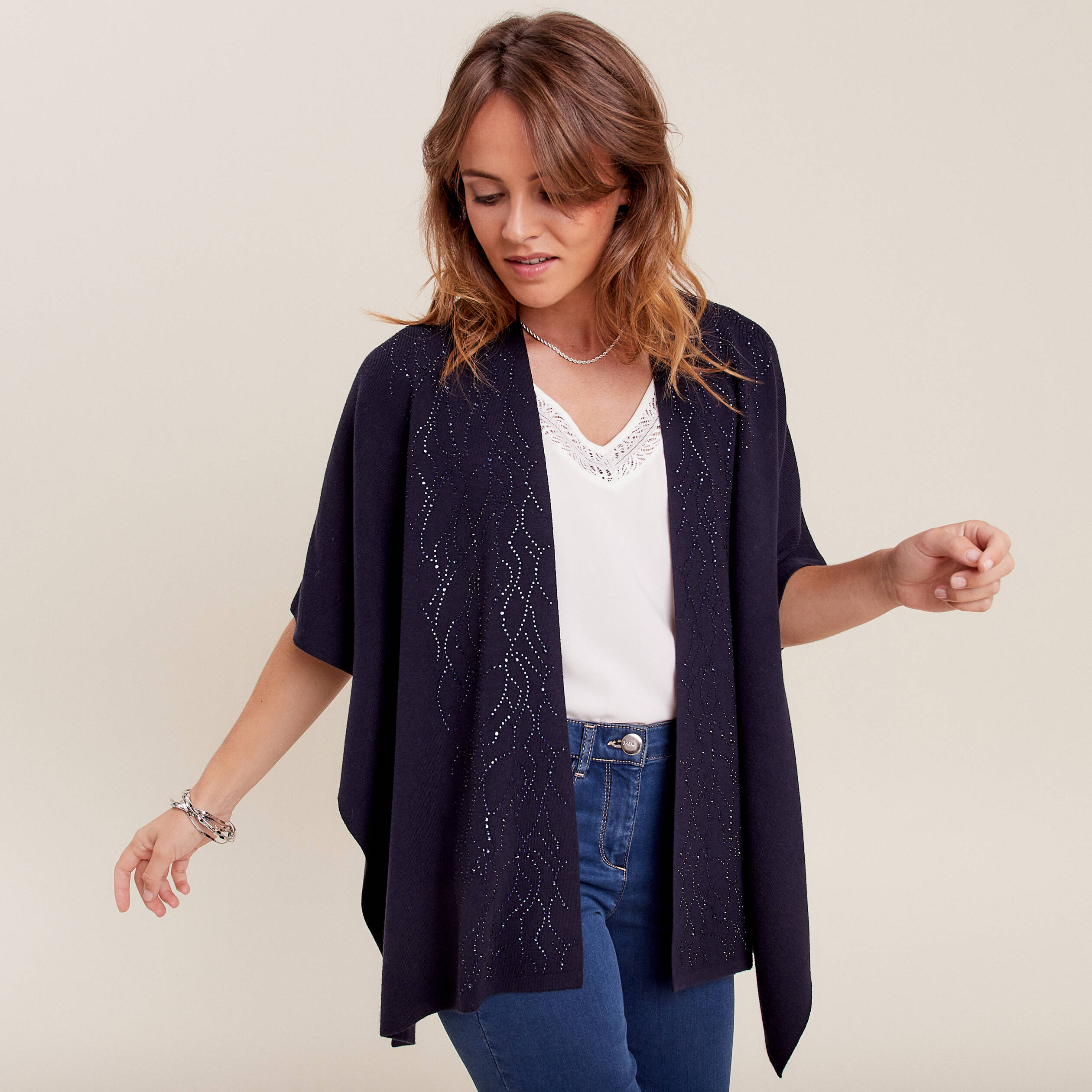 Poncho avec strass bleu foncé femme