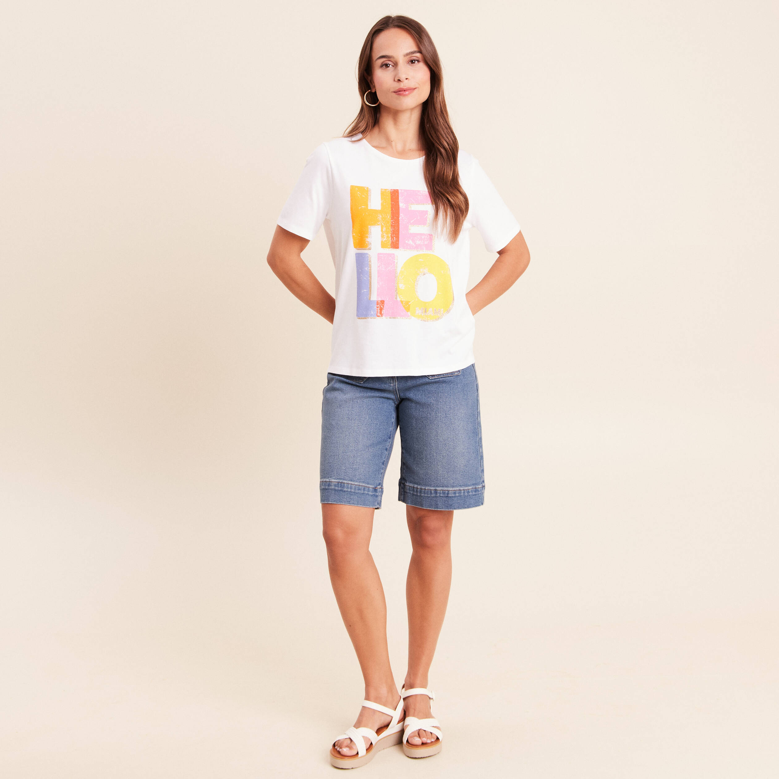 T-shirt col rond manches courtes blanc femme