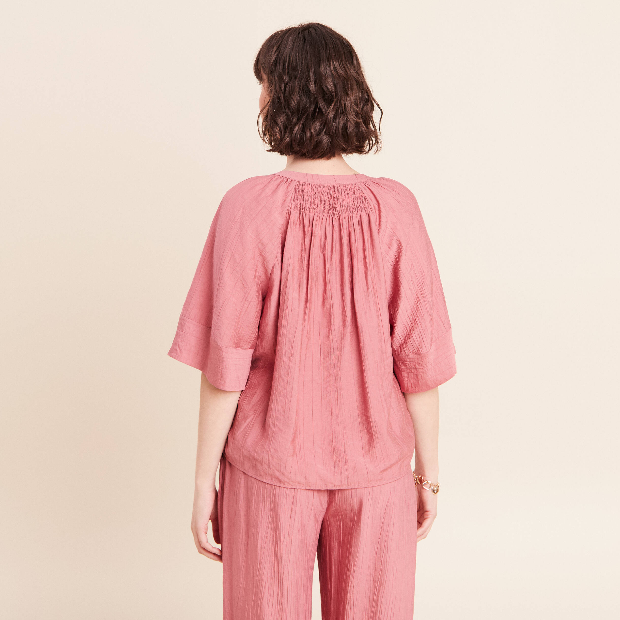 Blouse ample col v manches 3/4 mauve femme