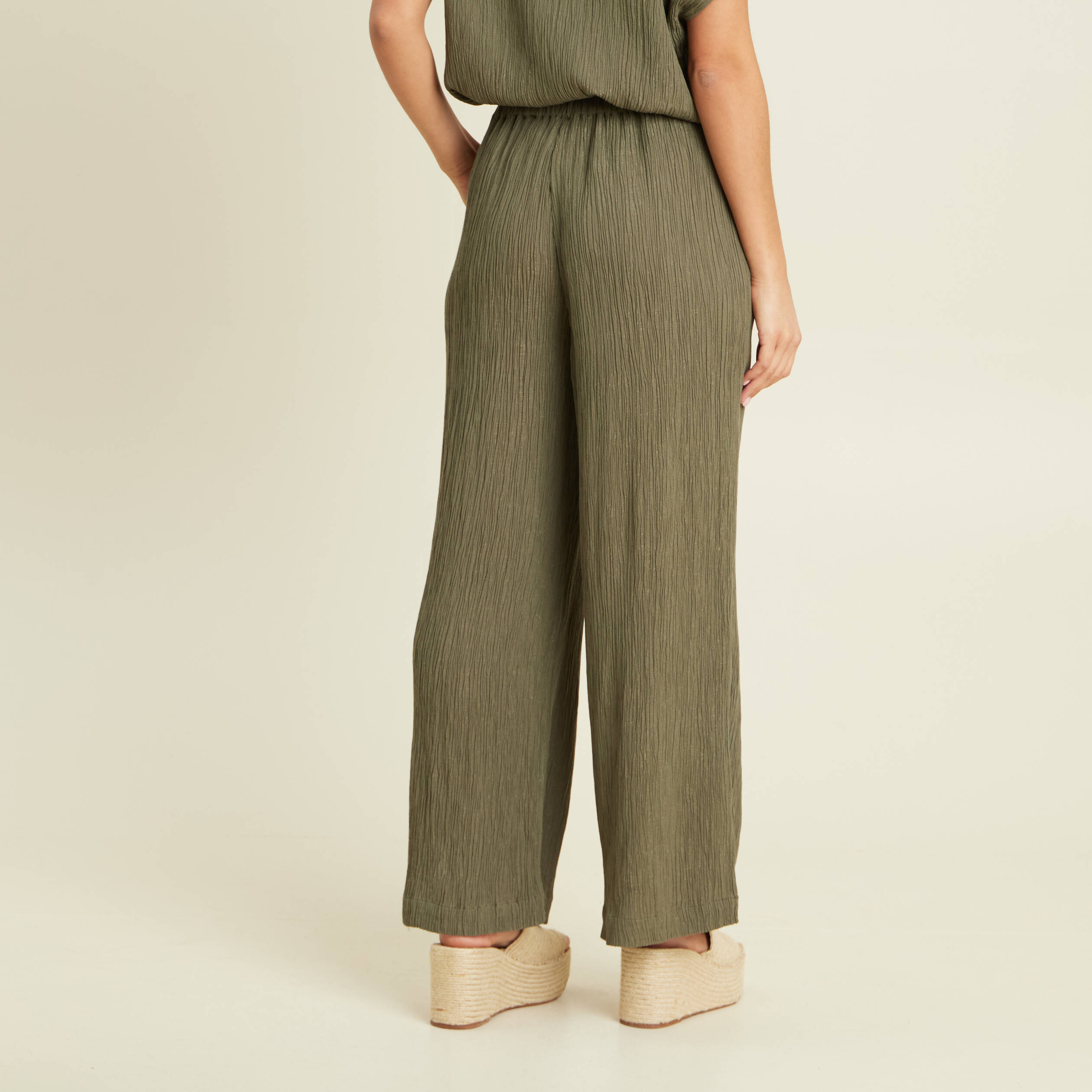Pantalon large taille haute pliss&eacute; vert kaki femme