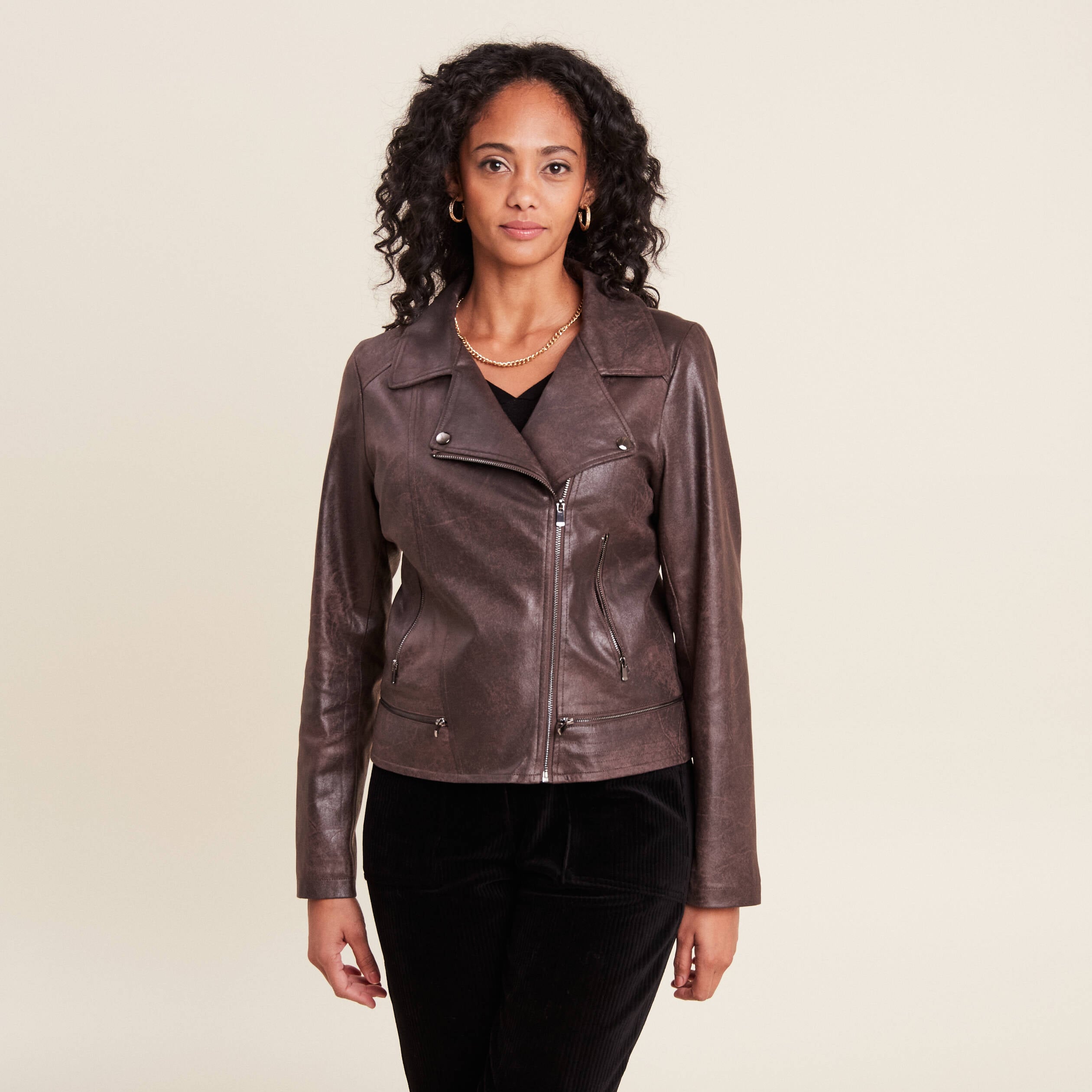 Veste esprit motard zipp&eacute;e marron fonc&eacute; femme