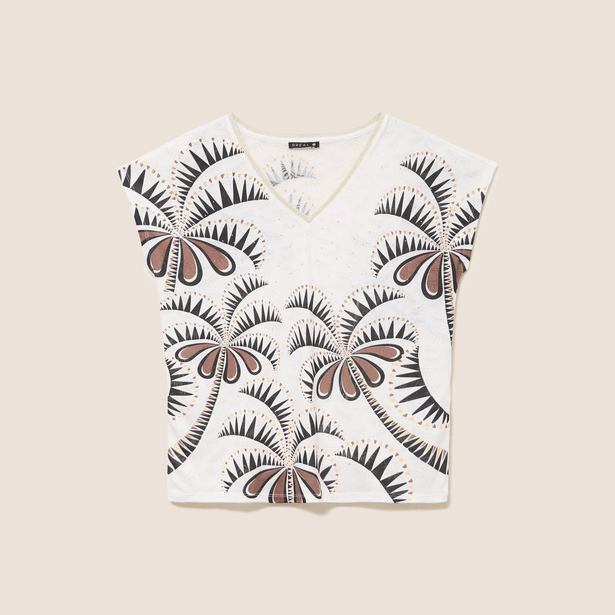 T-shirt col v manches courtes ecru femme
