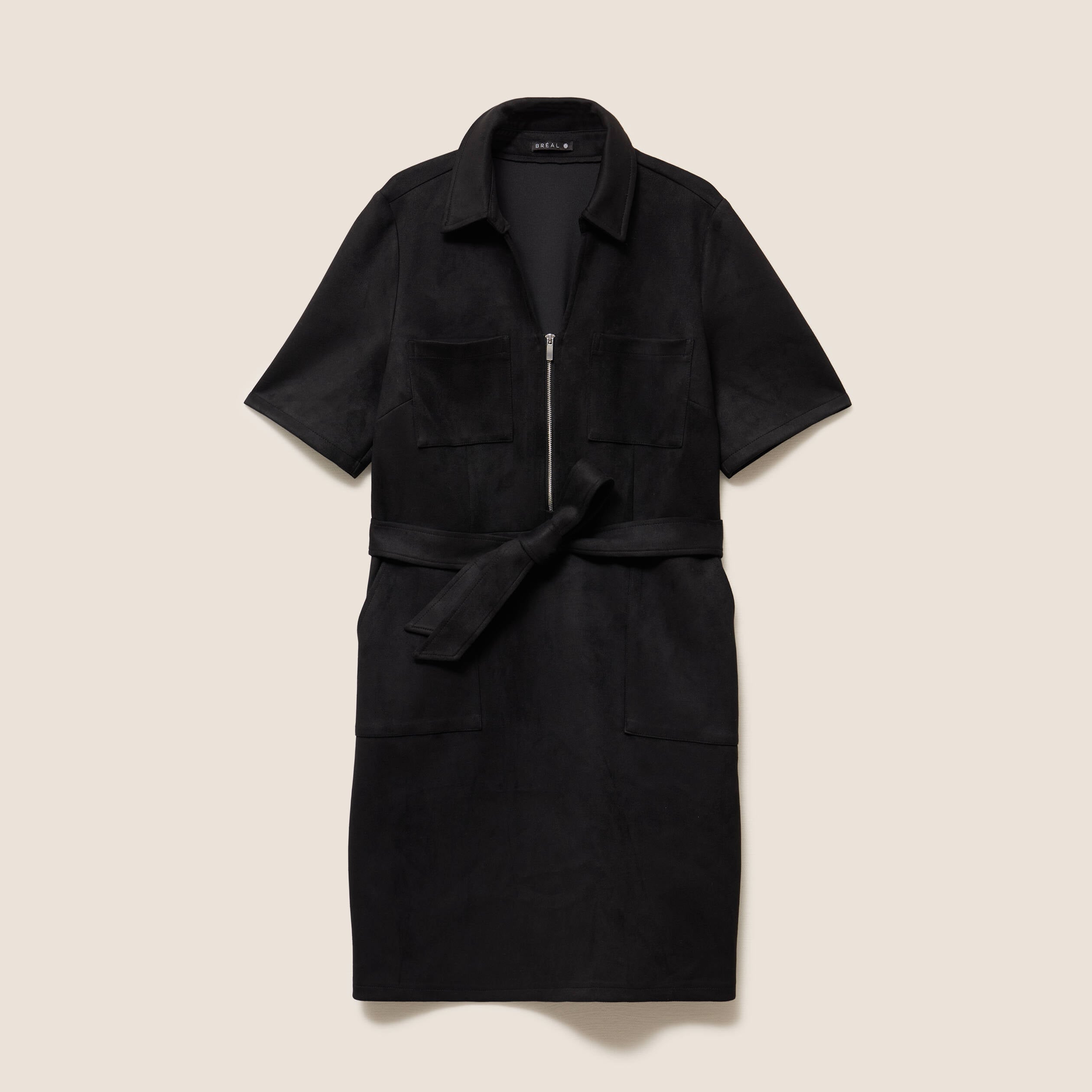 Robe droite courte manches coudes daim noir femme