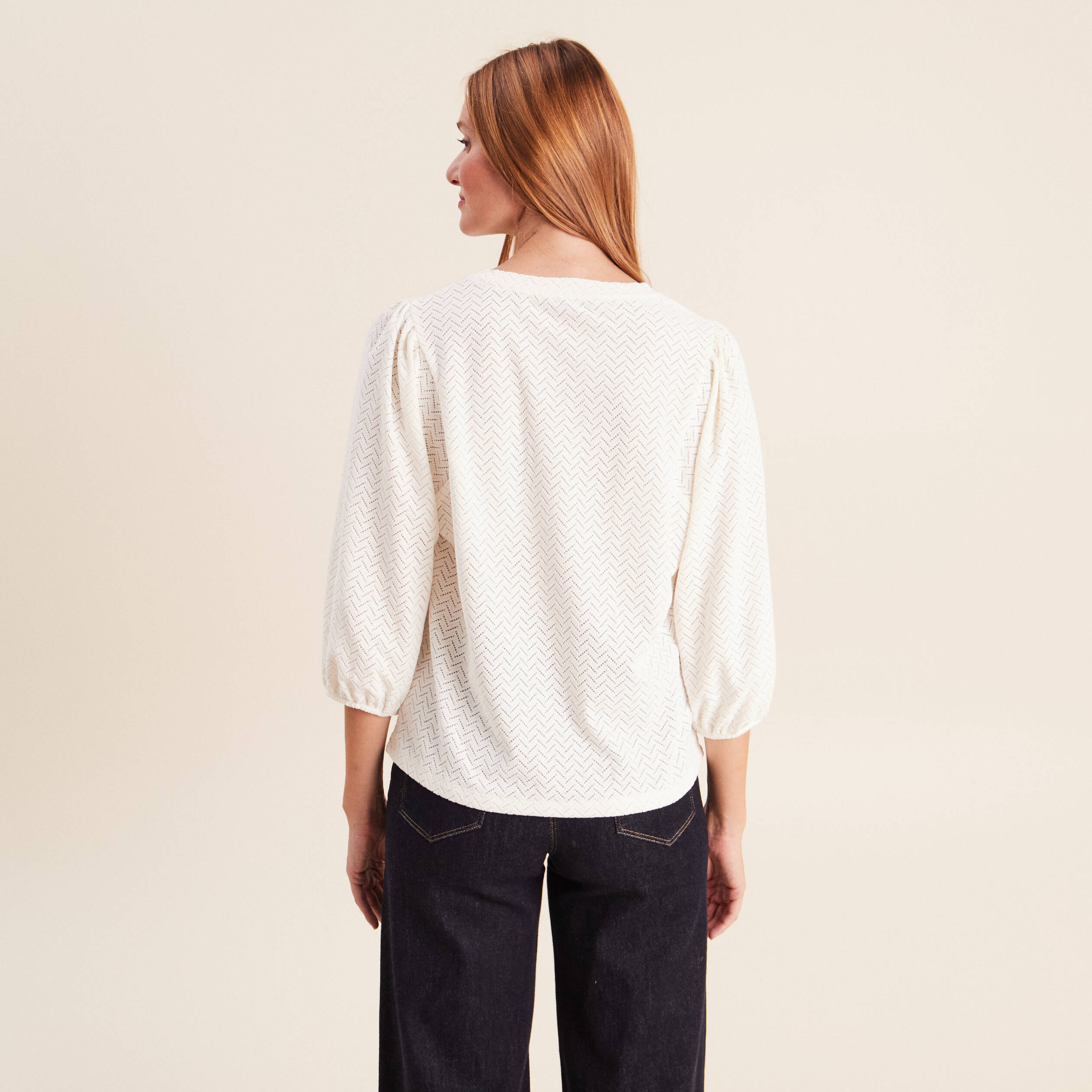 Blouse droite col rond manches 3/4 ecru femme