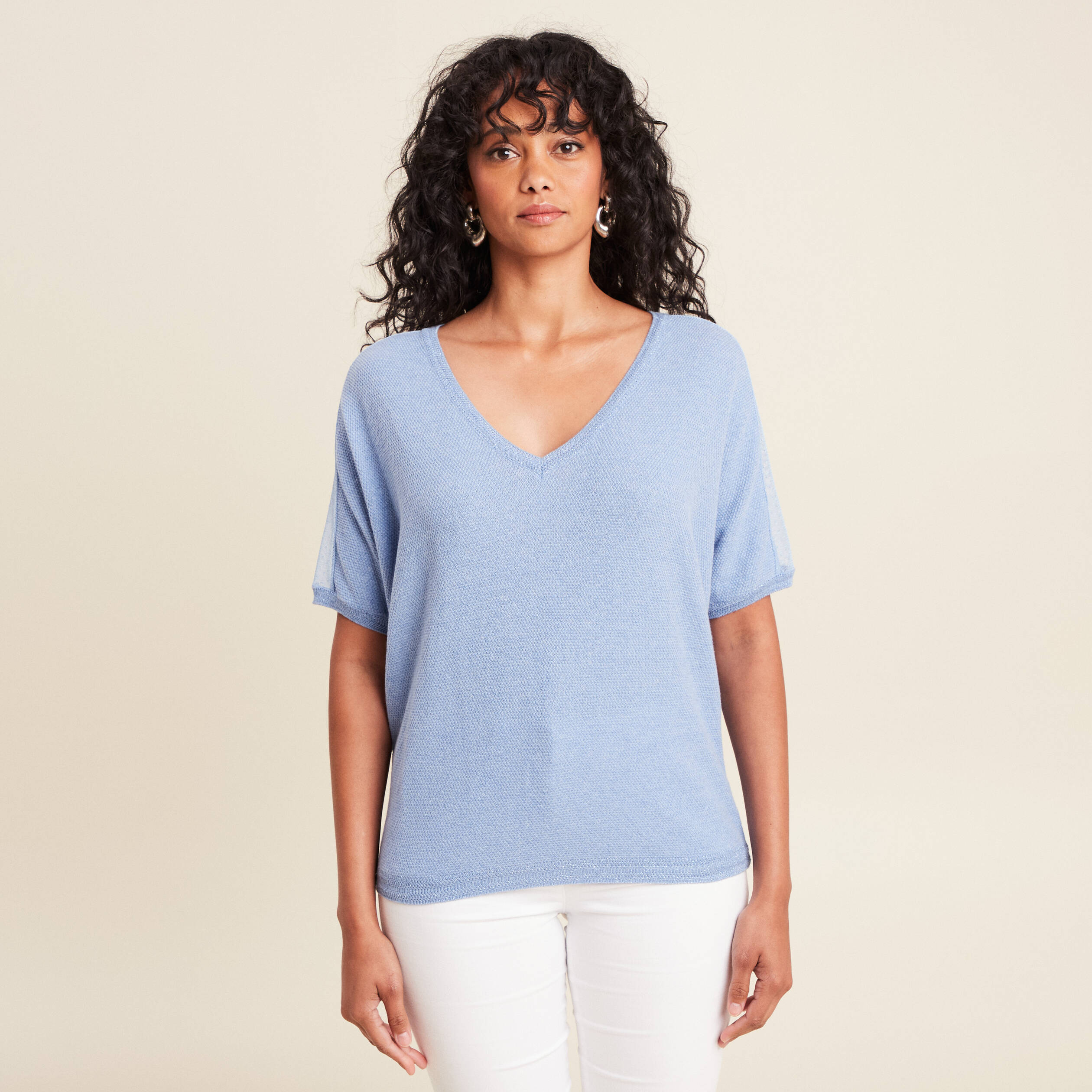 pull manches courtes plumetis bleu ciel femme Pull manches courtes plumetis bleu ciel femme