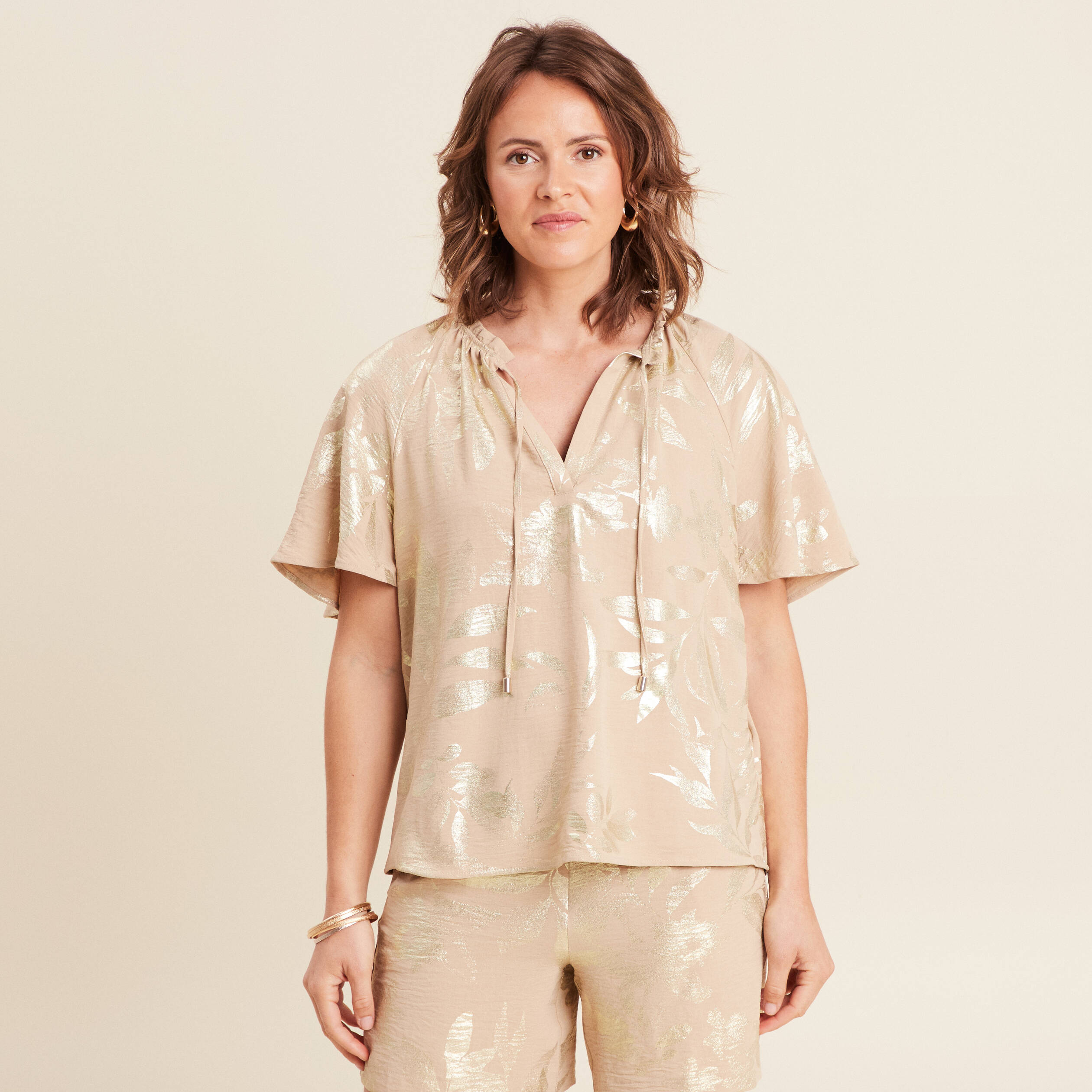Blouse ample manches courtes beige fonce femme