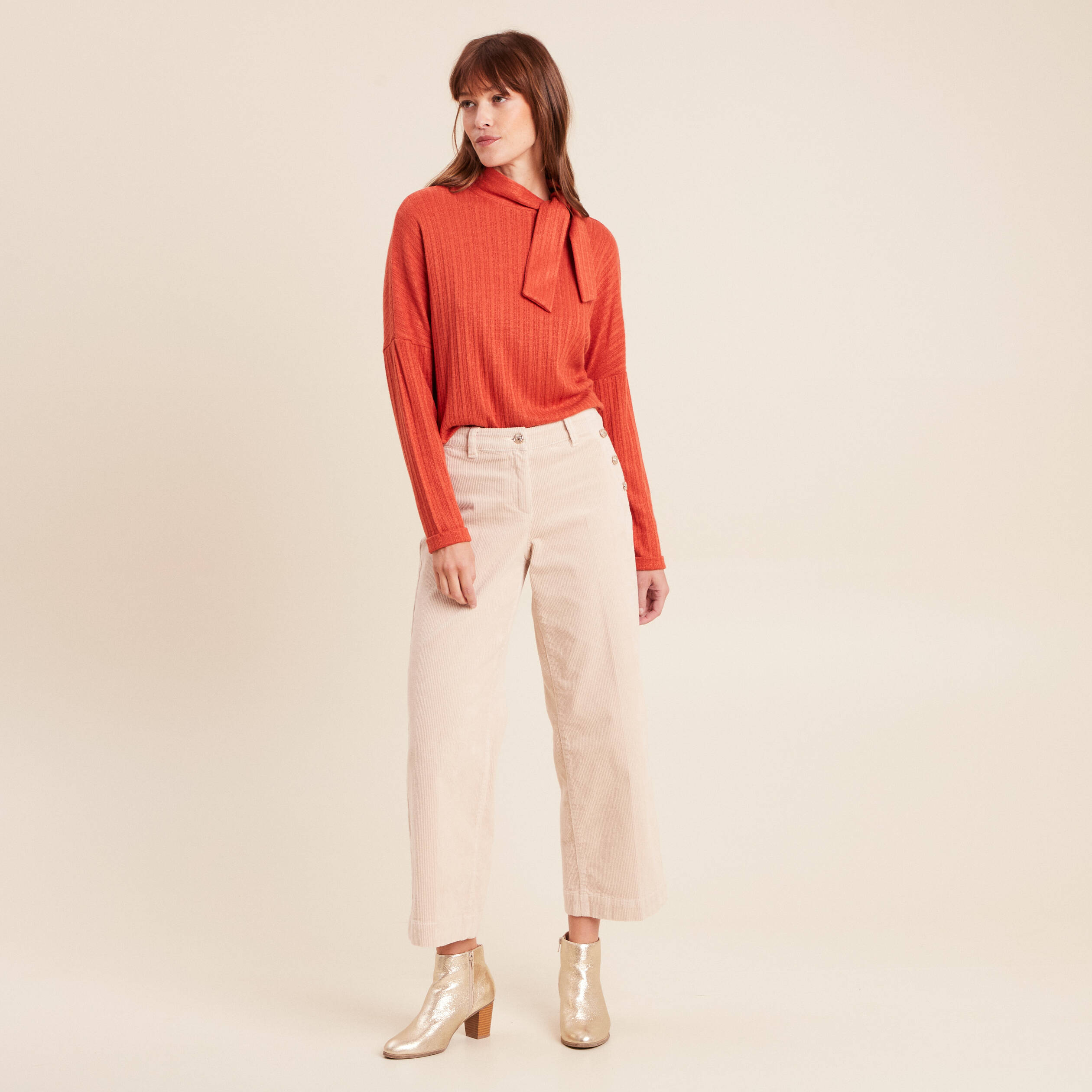 T-shirt col nou&eacute; manches longues rouge fonc&eacute; femme