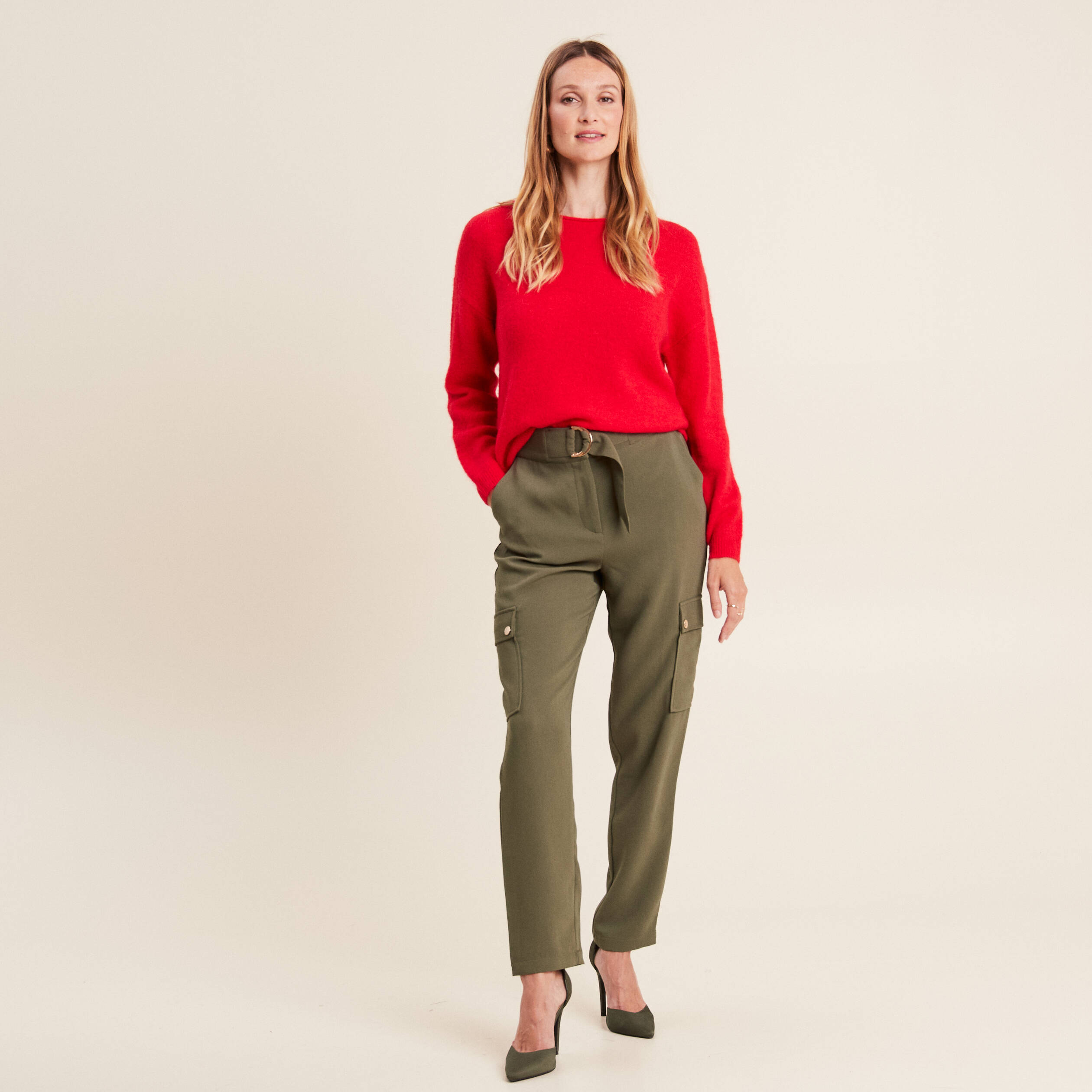 pantalon chino poches rabats vert kaki femme Pantalon chino poches rabats vert kaki femme