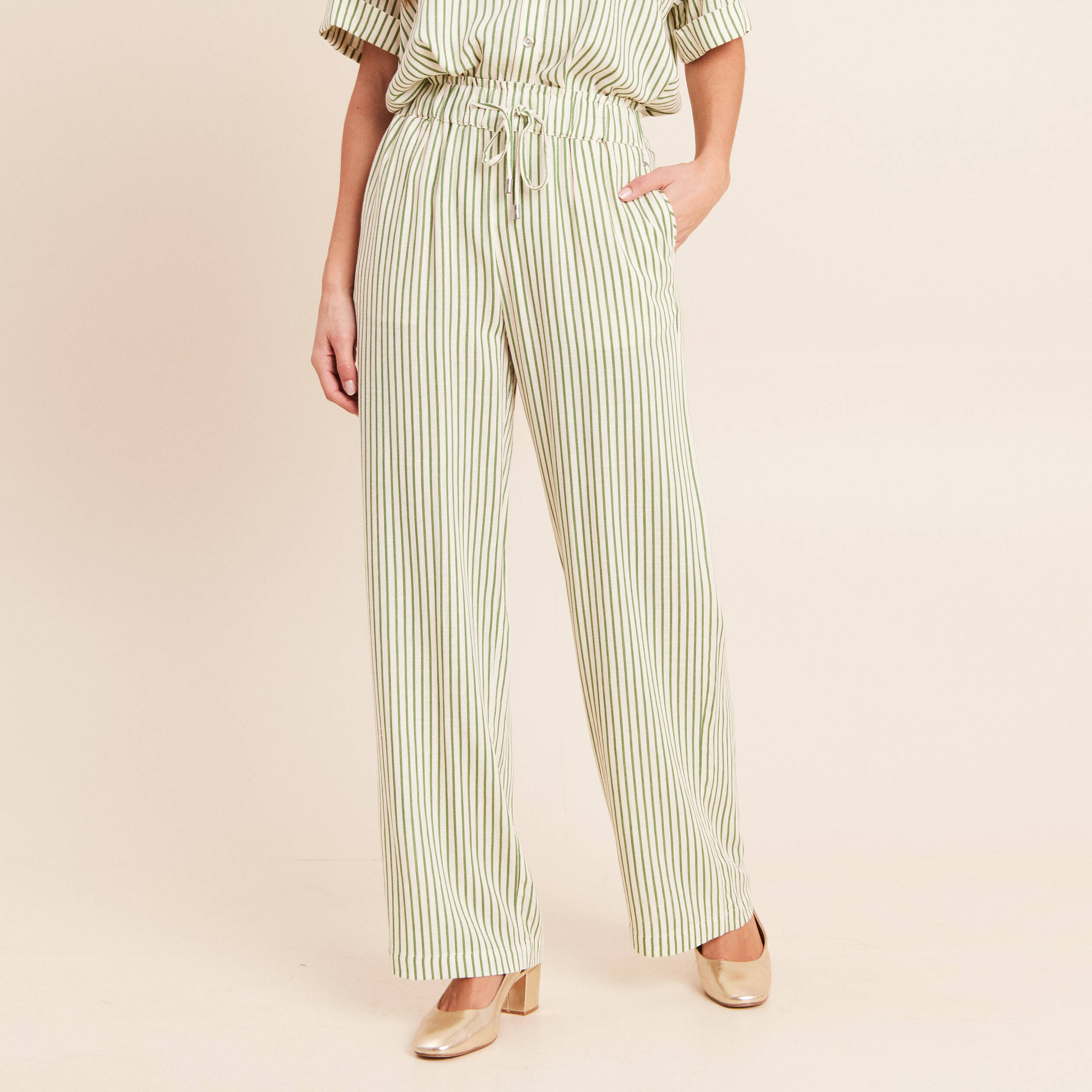 Pantalon large taille haute blanc femme