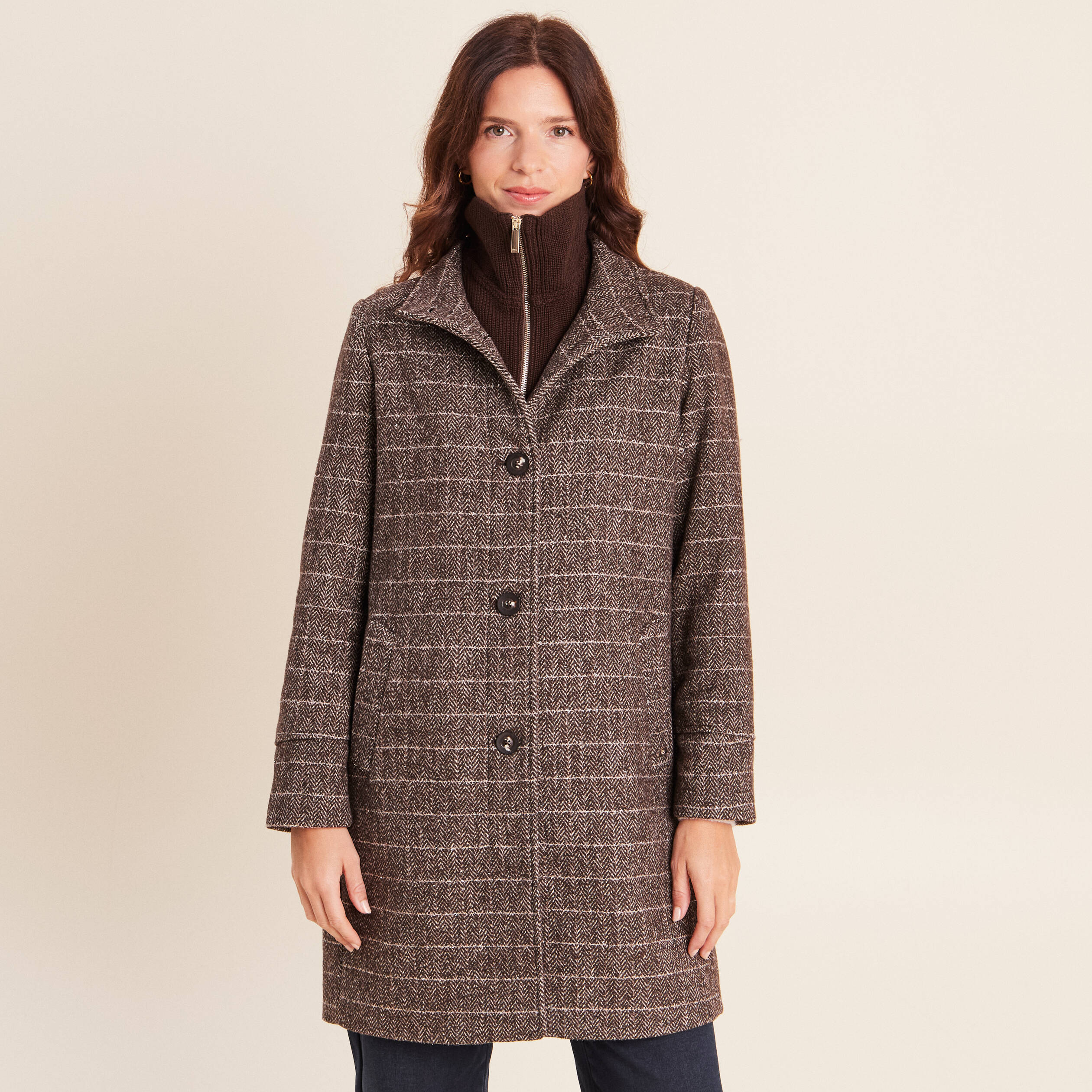 Manteau col montant doubl&eacute; marron femme