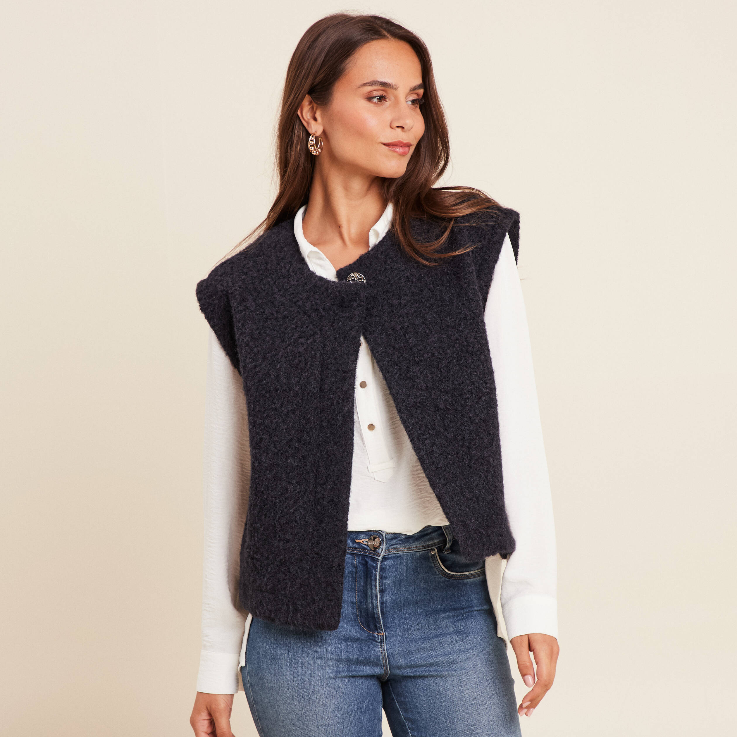 Gilet ample sans manches bleu fonc&eacute; femme