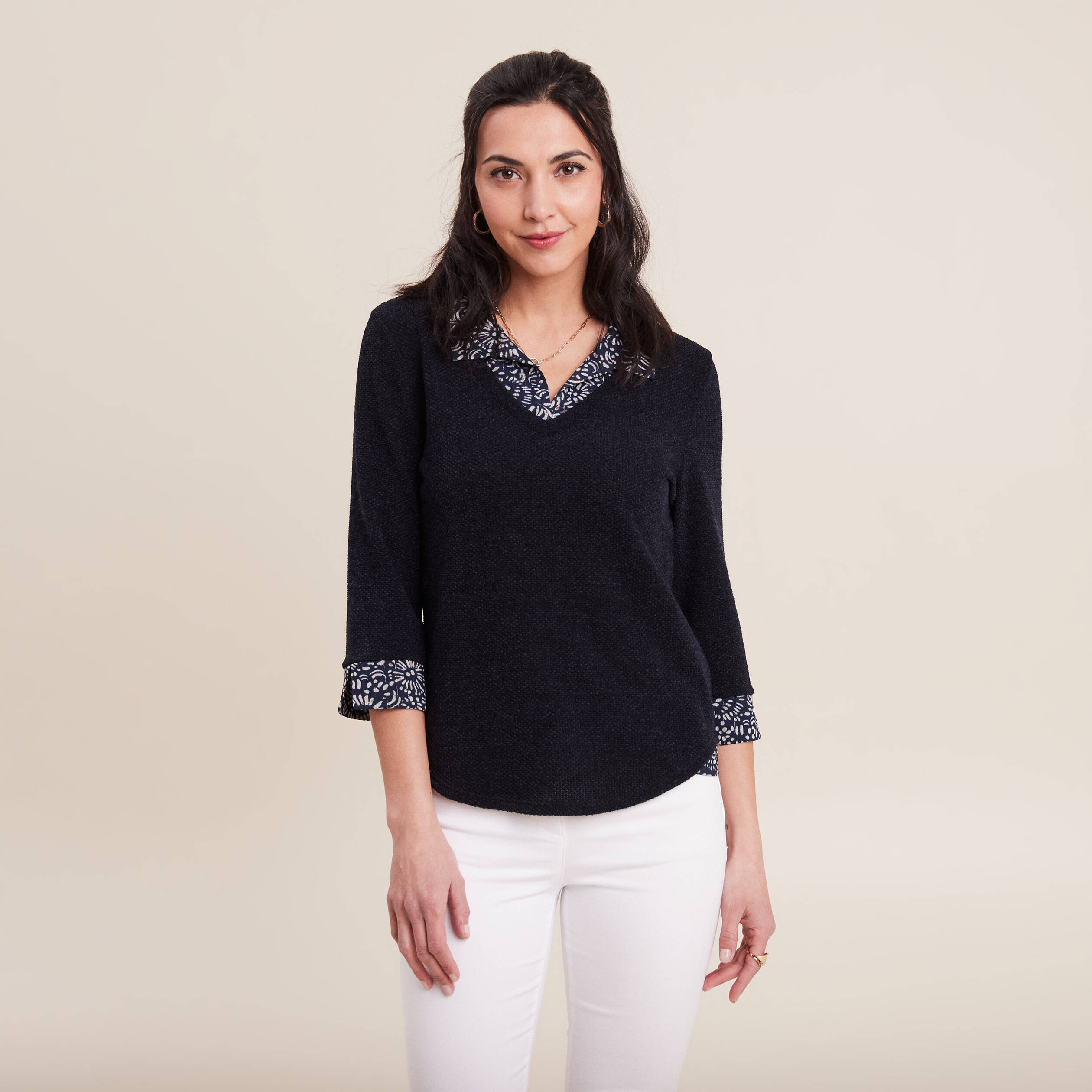 t shirt manches 34 2 en 1 bleu marine femme T-shirt manches 3/4 2-en-1 bleu marine femme
