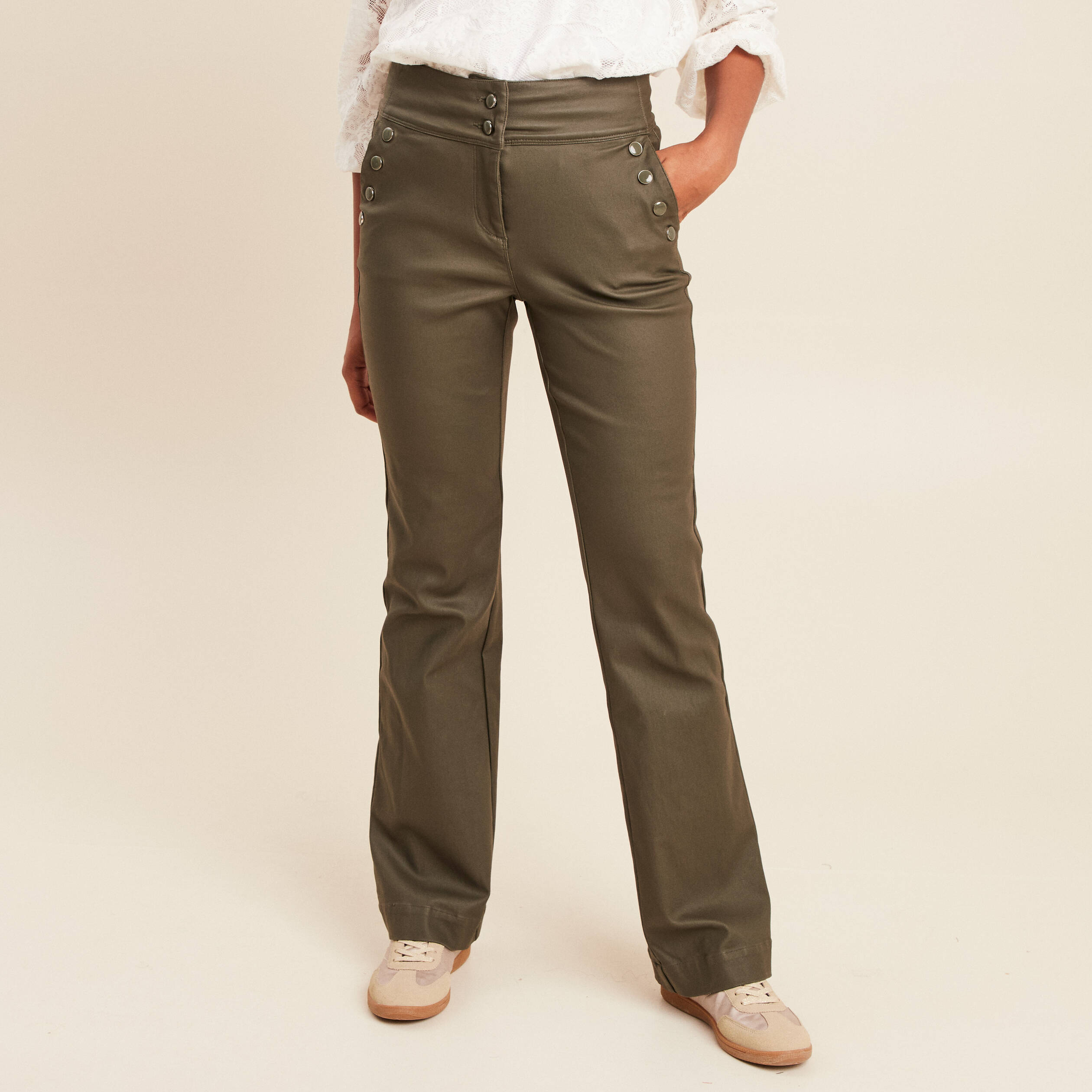 Pantalon bootcut enduit taille haute vert kaki femme
