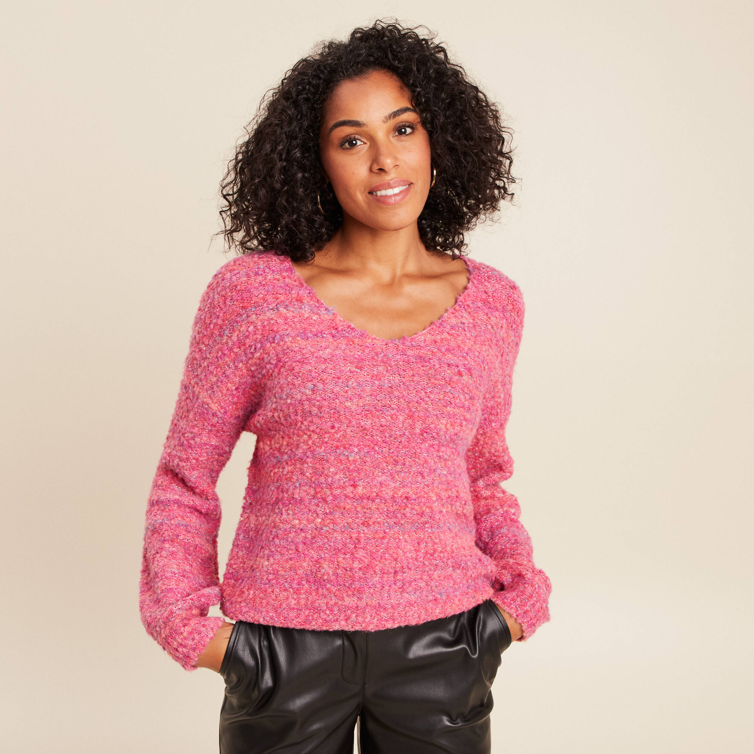 Pull col v manches longues rose fushia femme