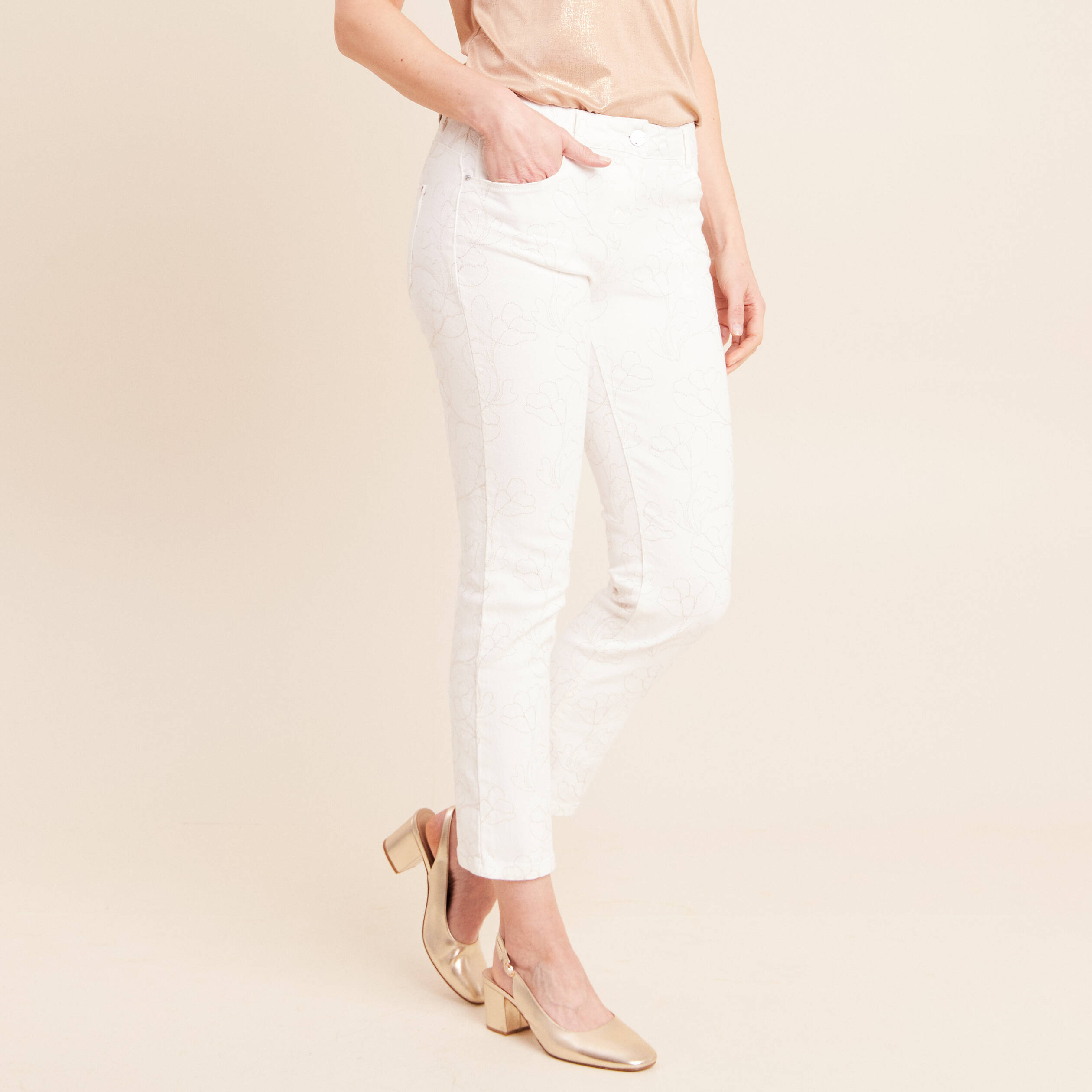 Jean coupe droite 7/8&egrave;me taille bascul&eacute;e blanc femme