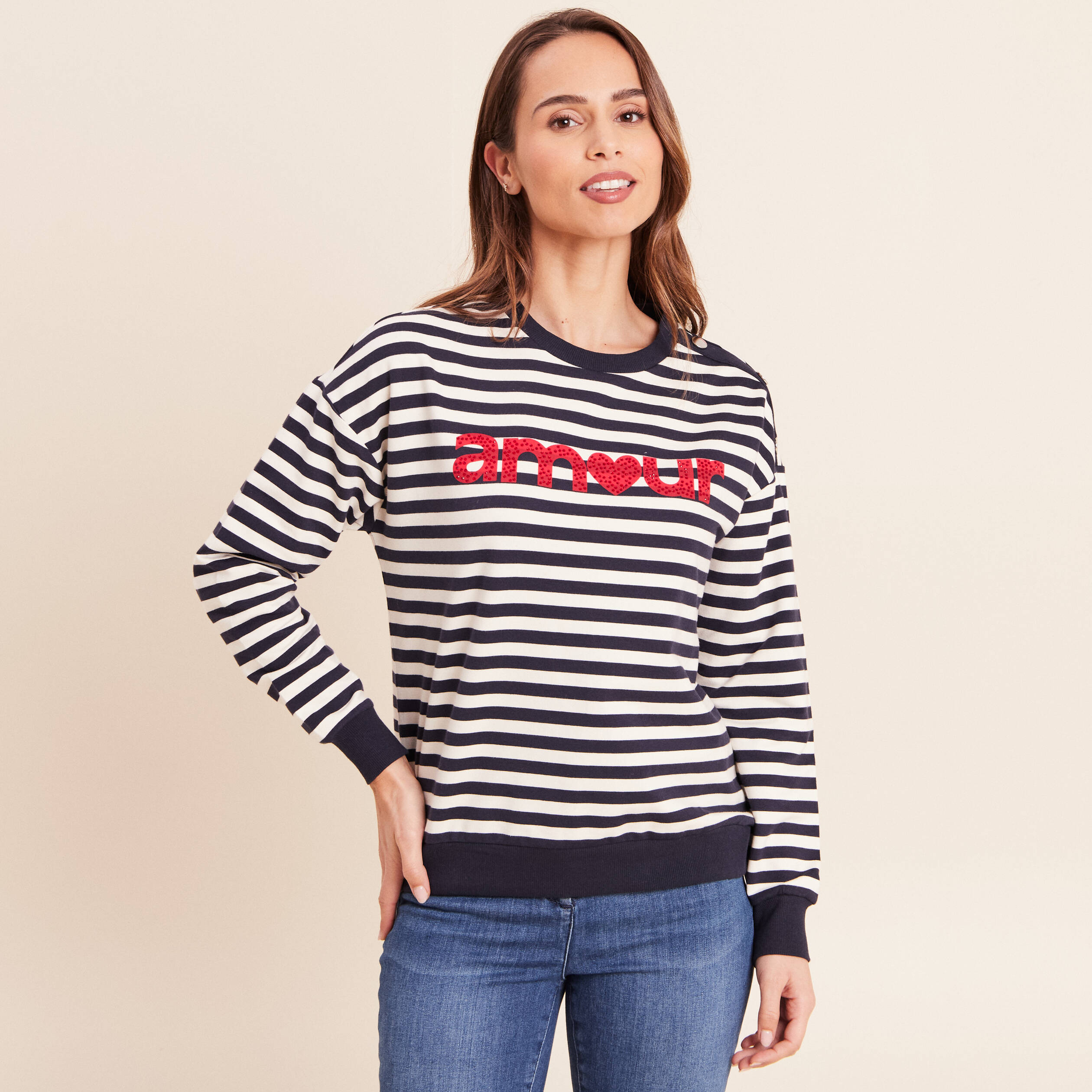 Sweat col rond &agrave; message bleu femme