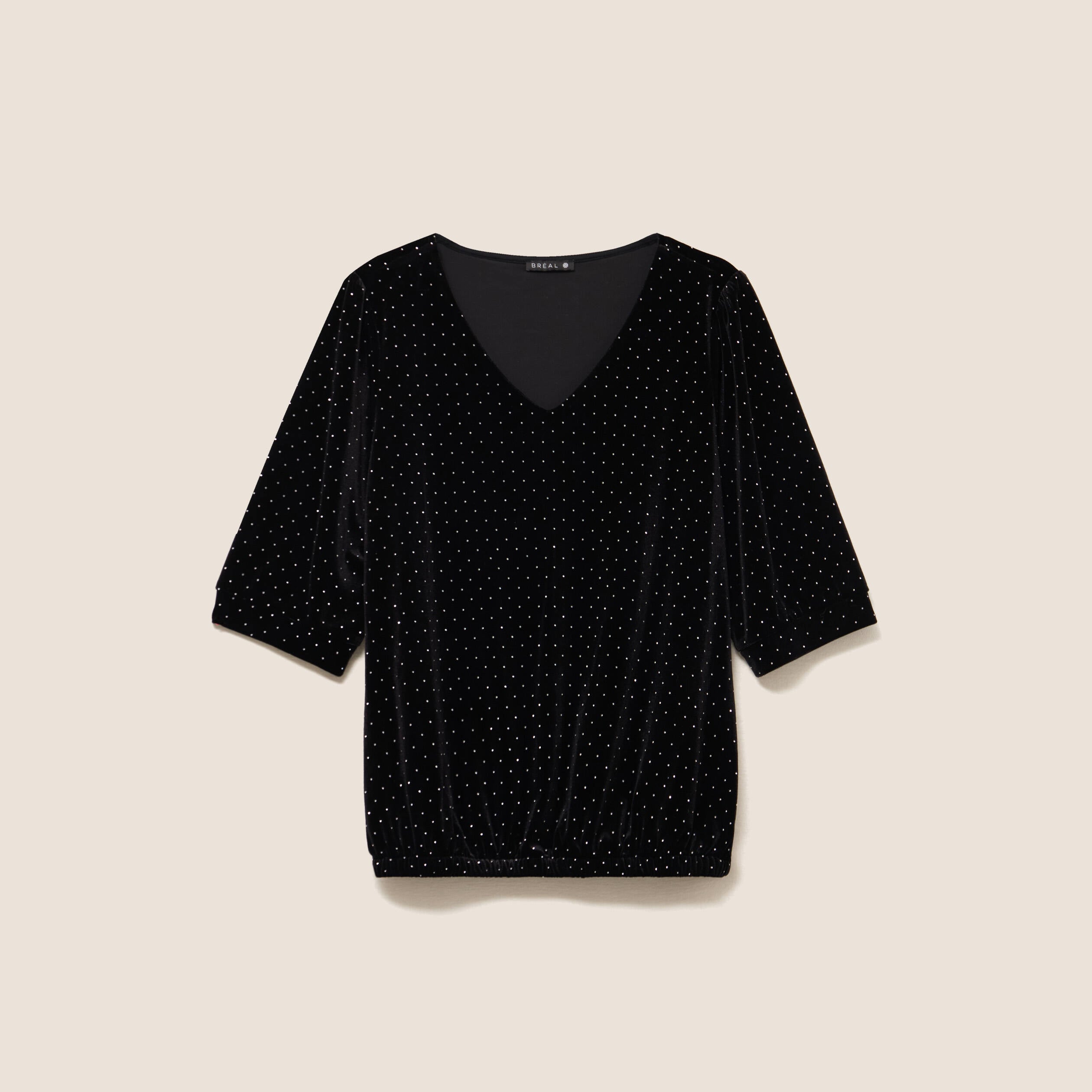 T-shirt velours col v manches 3/4 strass noir femme