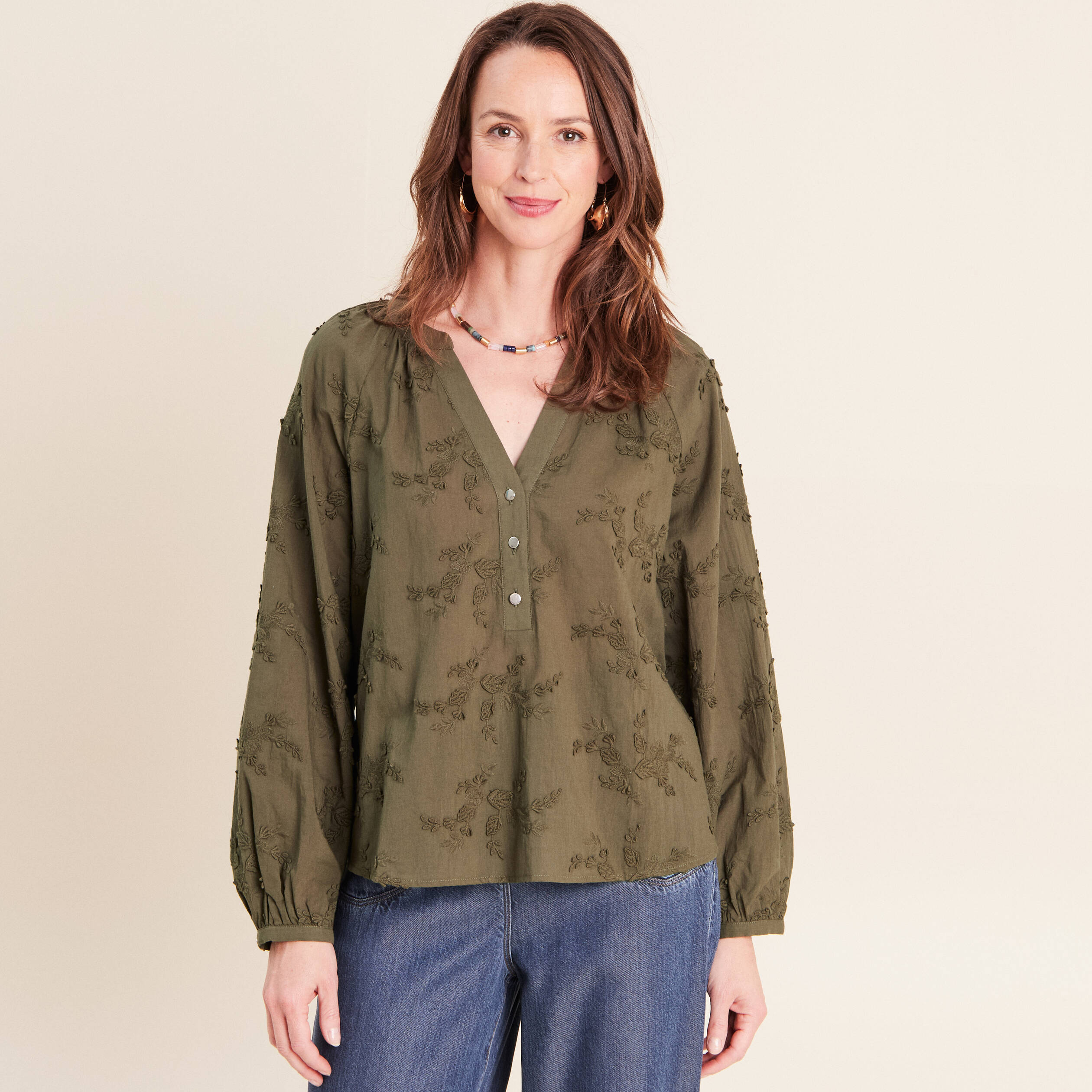 Blouse ample manches longues fluide vert kaki femme