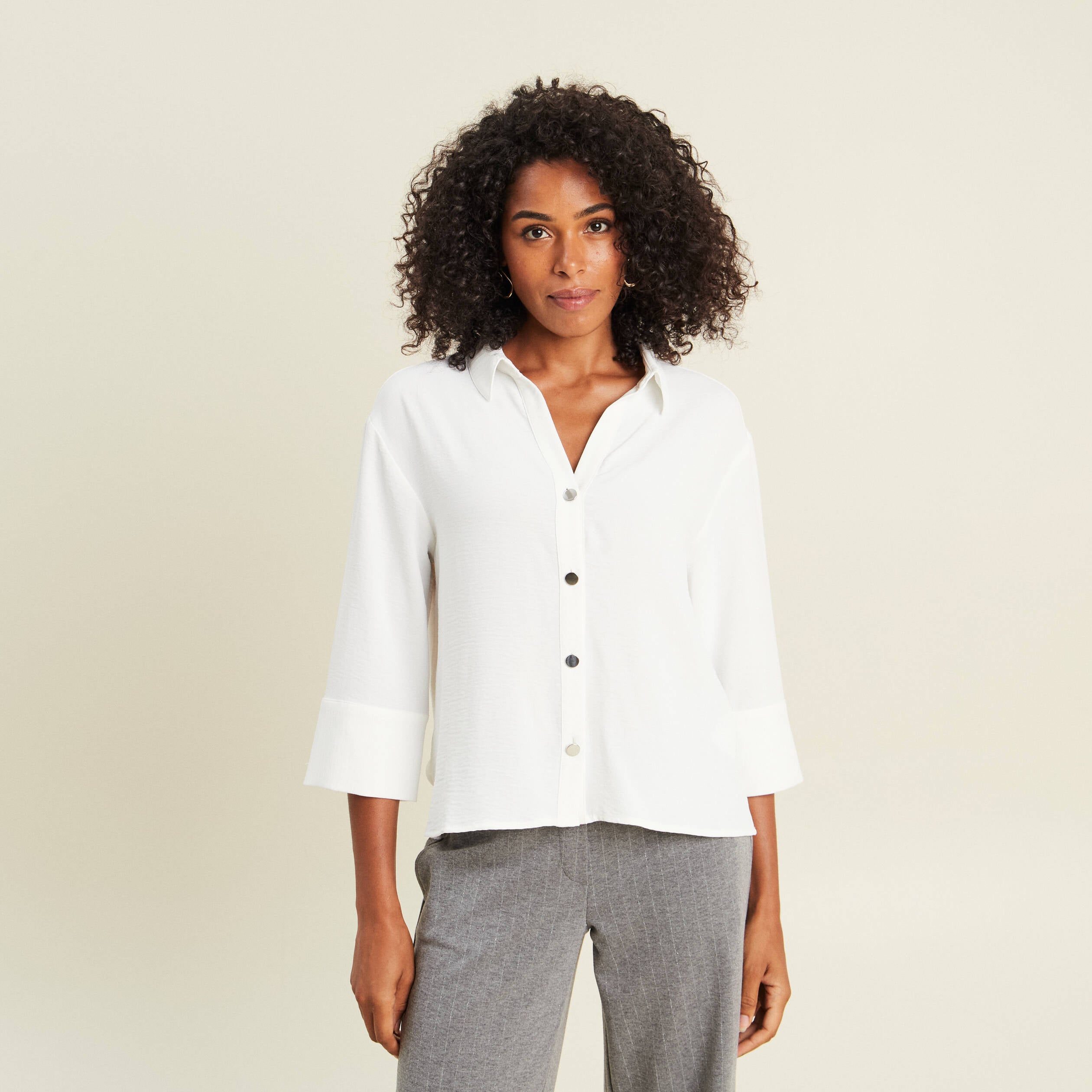 Chemise col chemise manches 3/4 ecru femme