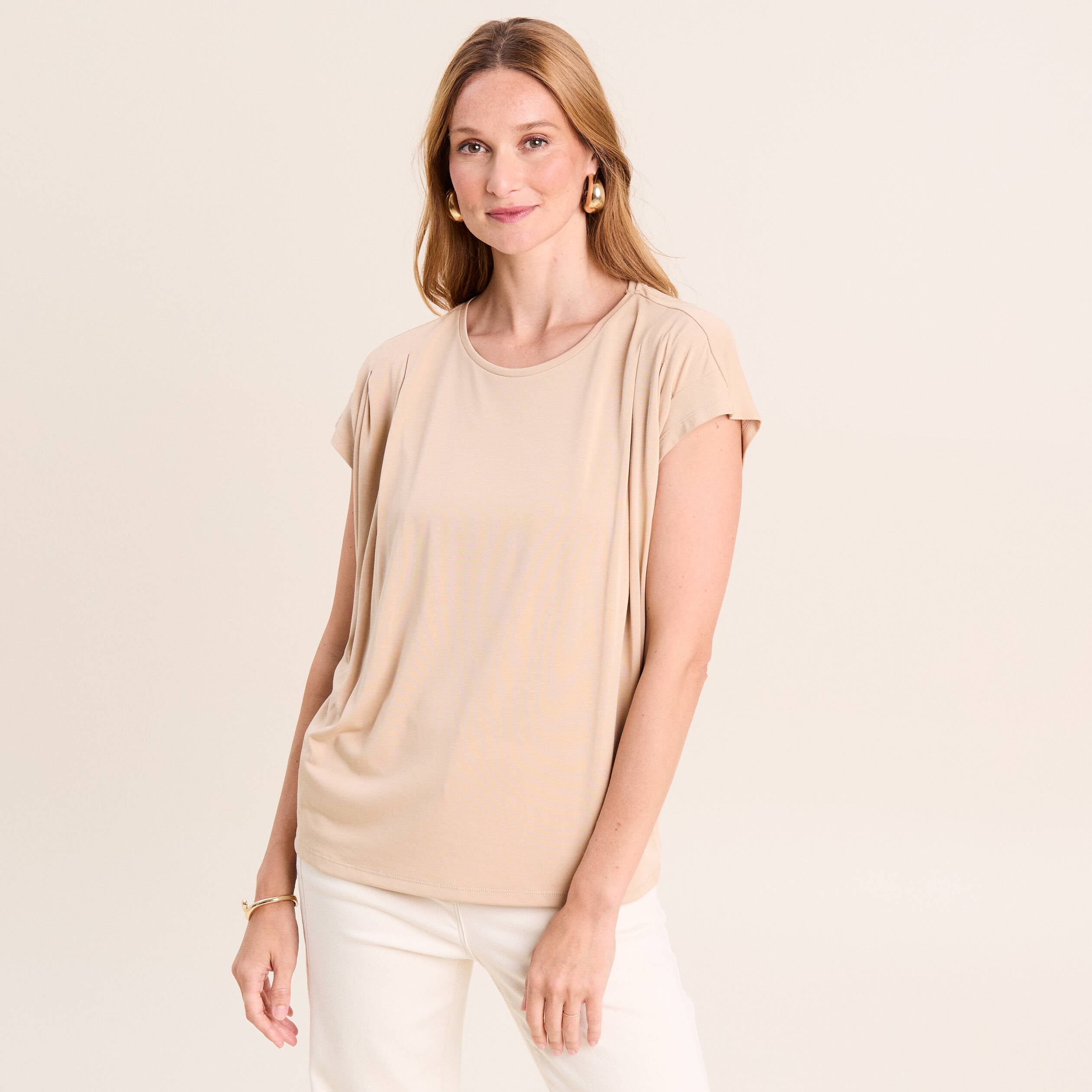 T-shirt droit col rond manches courtes sable femme