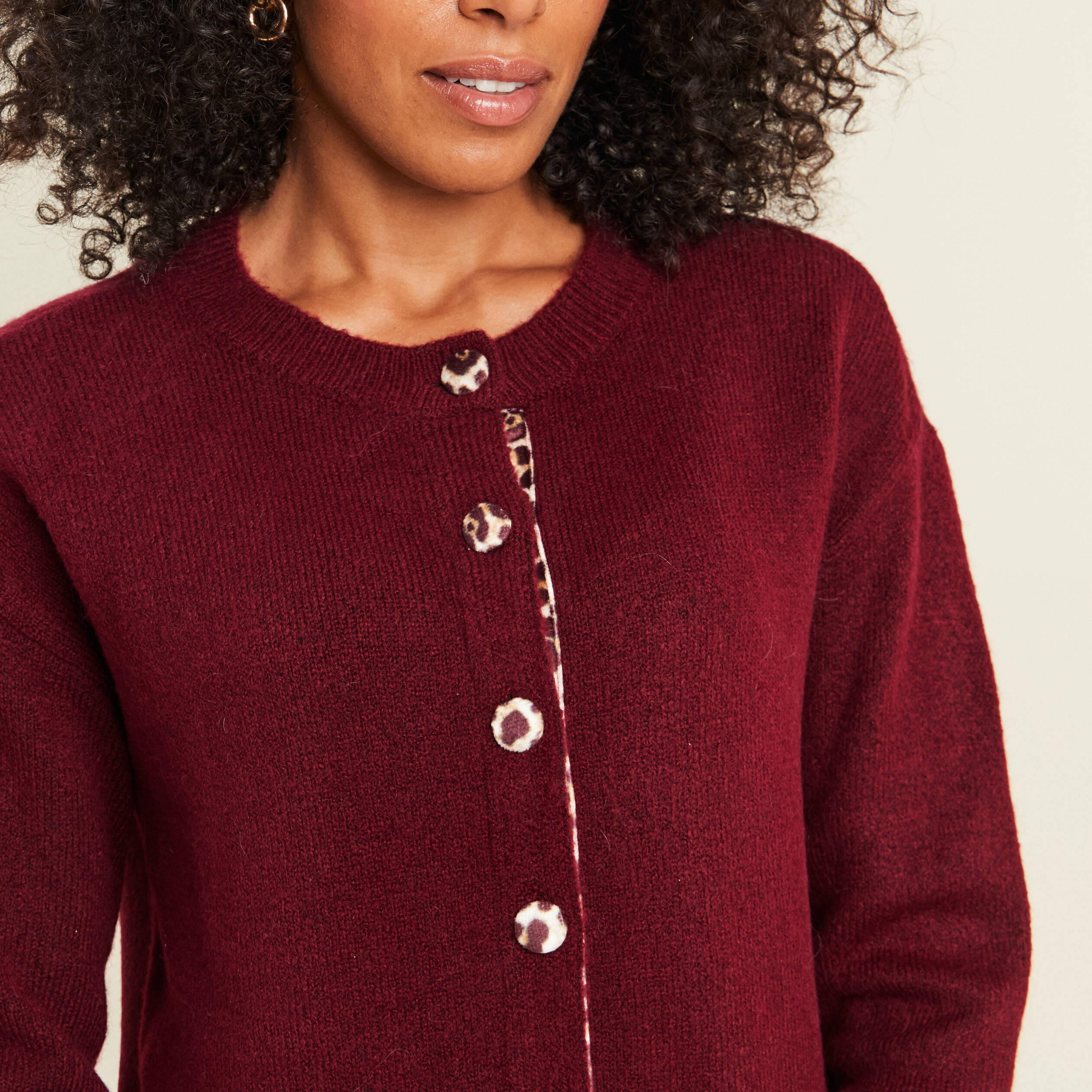 Gilet droit mi-long col rond bordeaux femme
