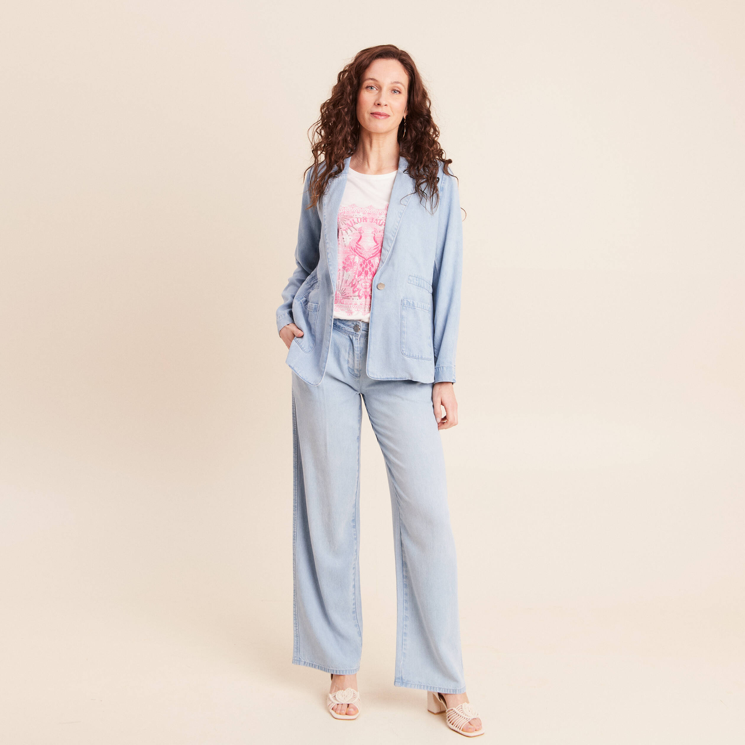Pantalon large doubl&eacute; fluide denim bleach femme