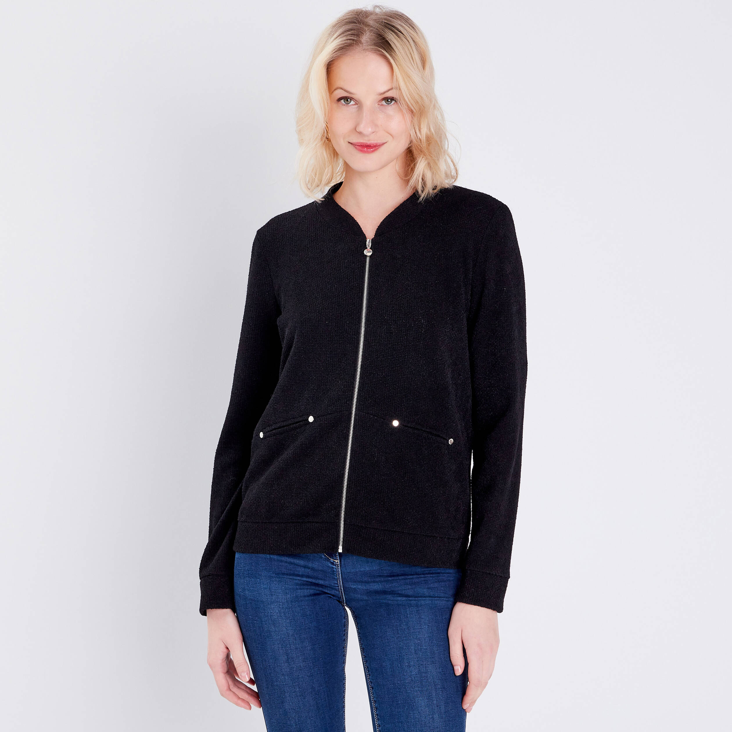 gilet manches longues zippe noir femme Gilet manches longues zippé noir femme