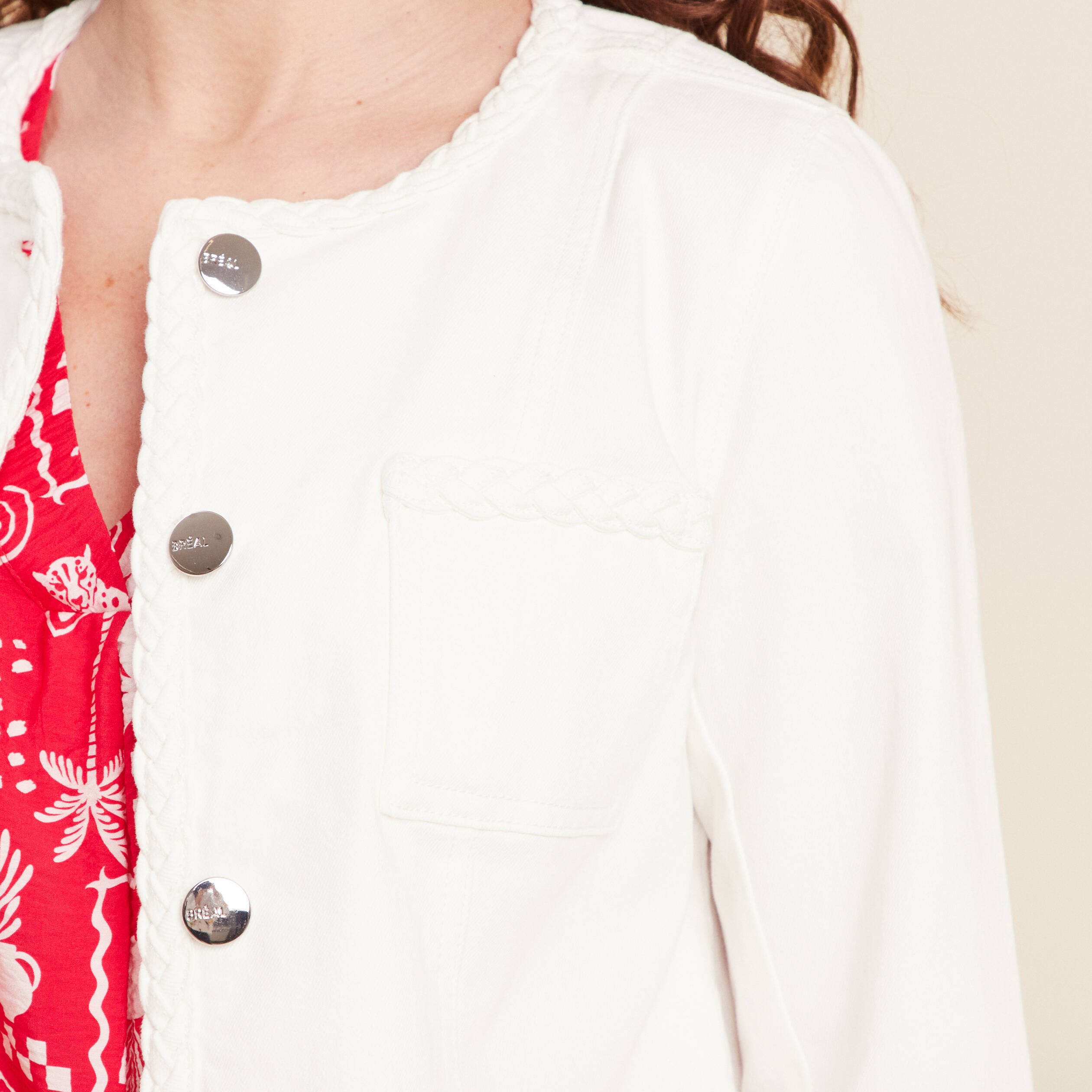 veste en jean details tresses blanc femme Veste en jean détails tressés blanc femme