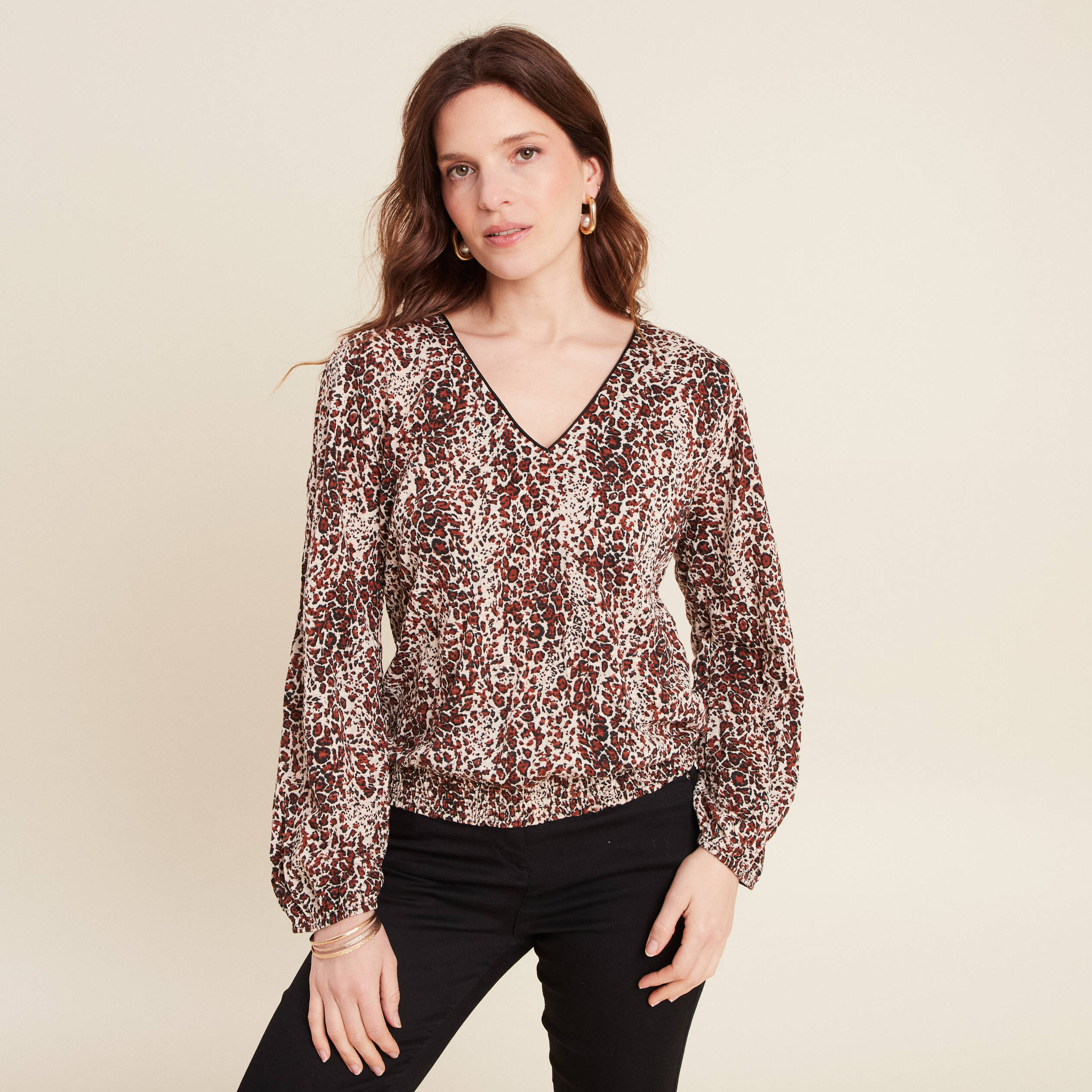 blouse droite manches longues marron cognac femme Blouse droite manches longues marron cognac femme