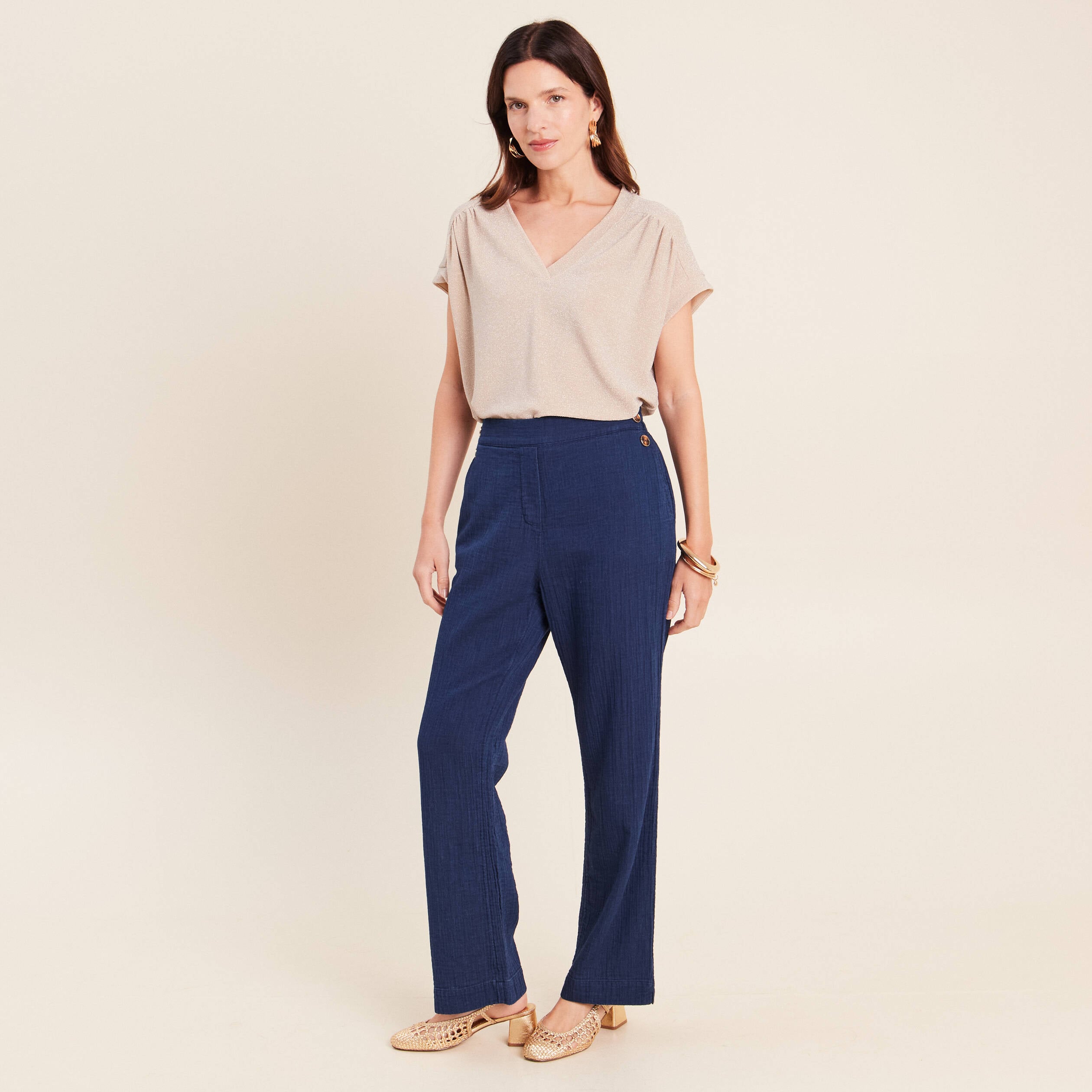 Pantalon large 7/8&egrave;me taille haute bleu roi femme