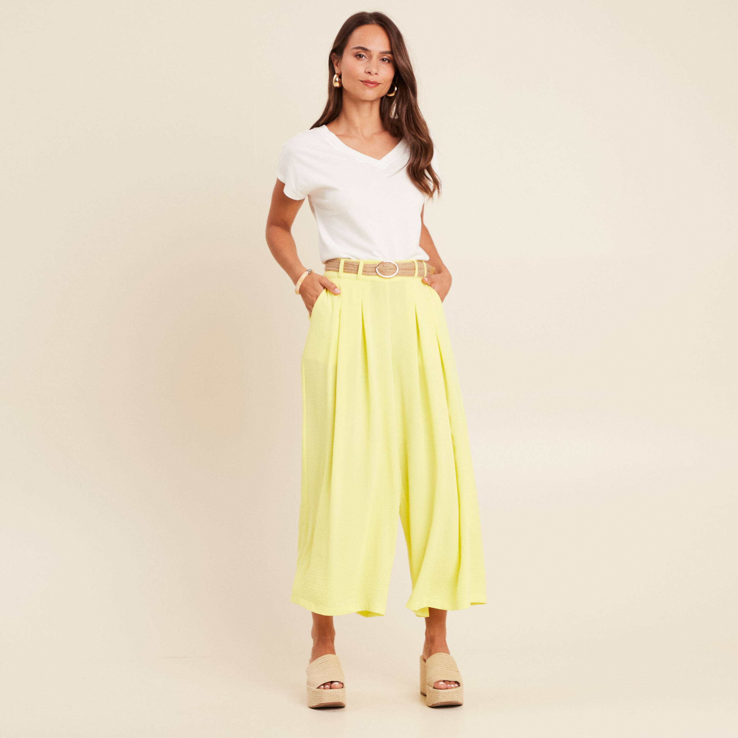 pantalon jupe culotte large jaune clair femme Pantalon jupe-culotte large jaune clair femme
