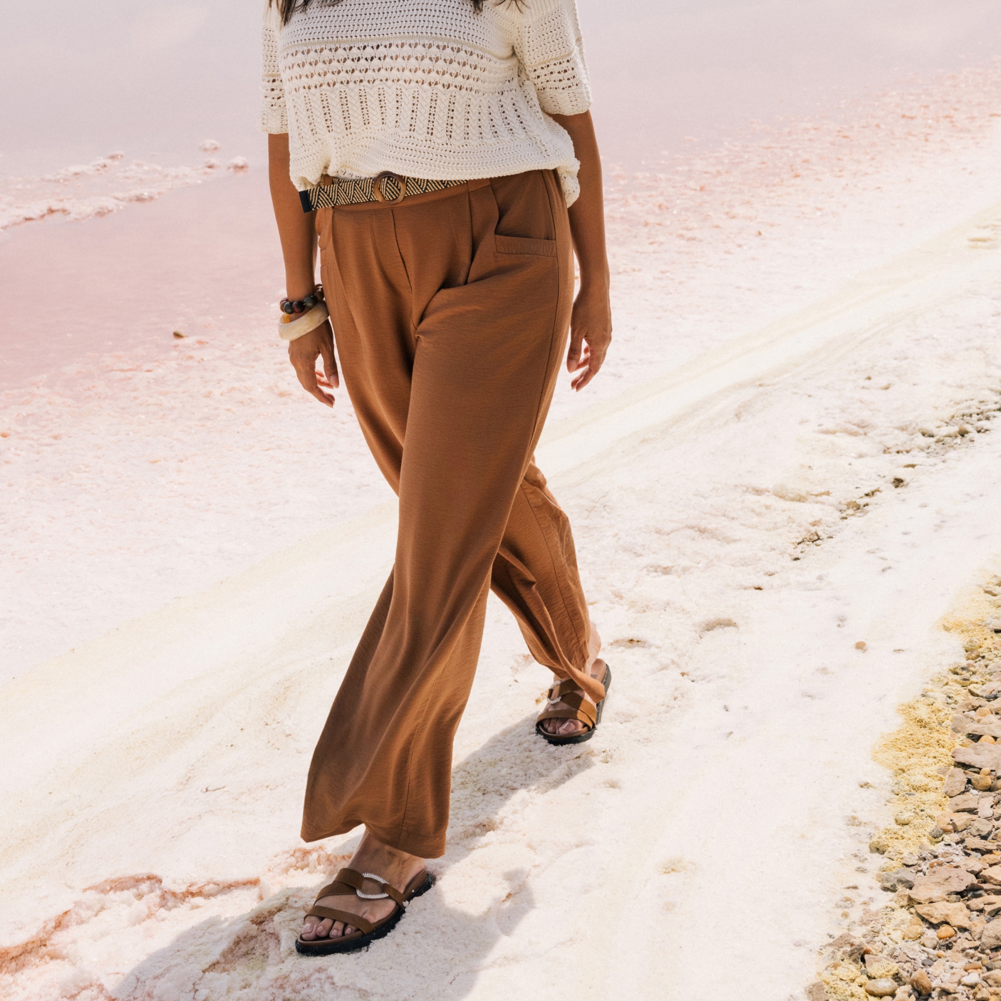 pantalon large avec ceinture amovible marron femme Pantalon large avec ceinture amovible marron femme