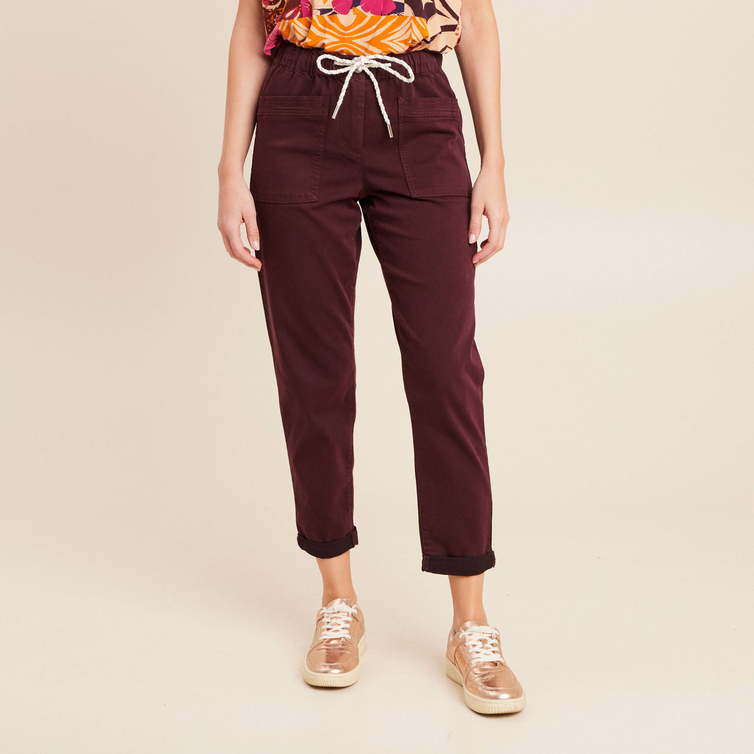 Pantalon coupe mom 7/8&egrave;me bordeaux femme