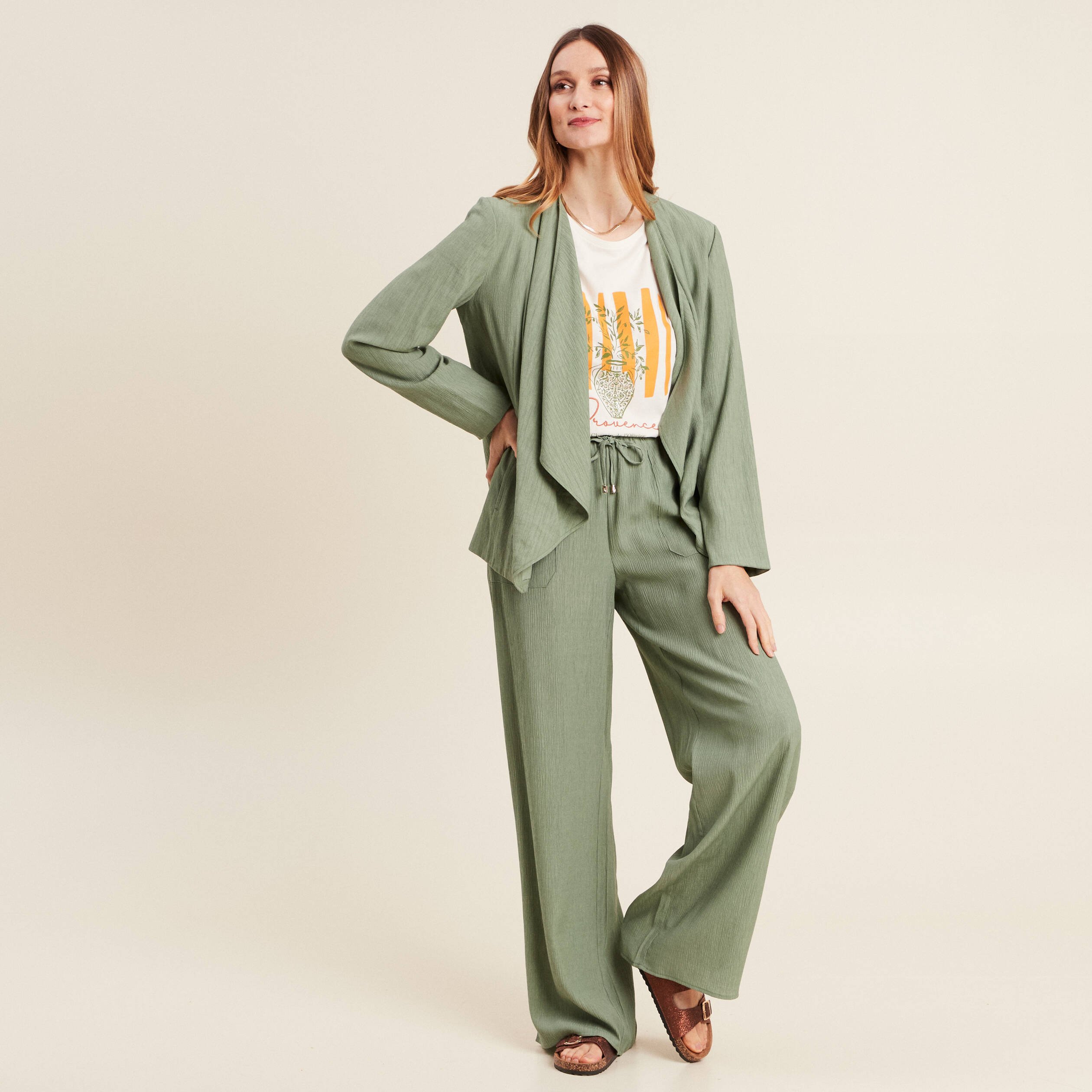 veste fluide col cascade vert kaki femme Veste fluide col cascade vert kaki femme