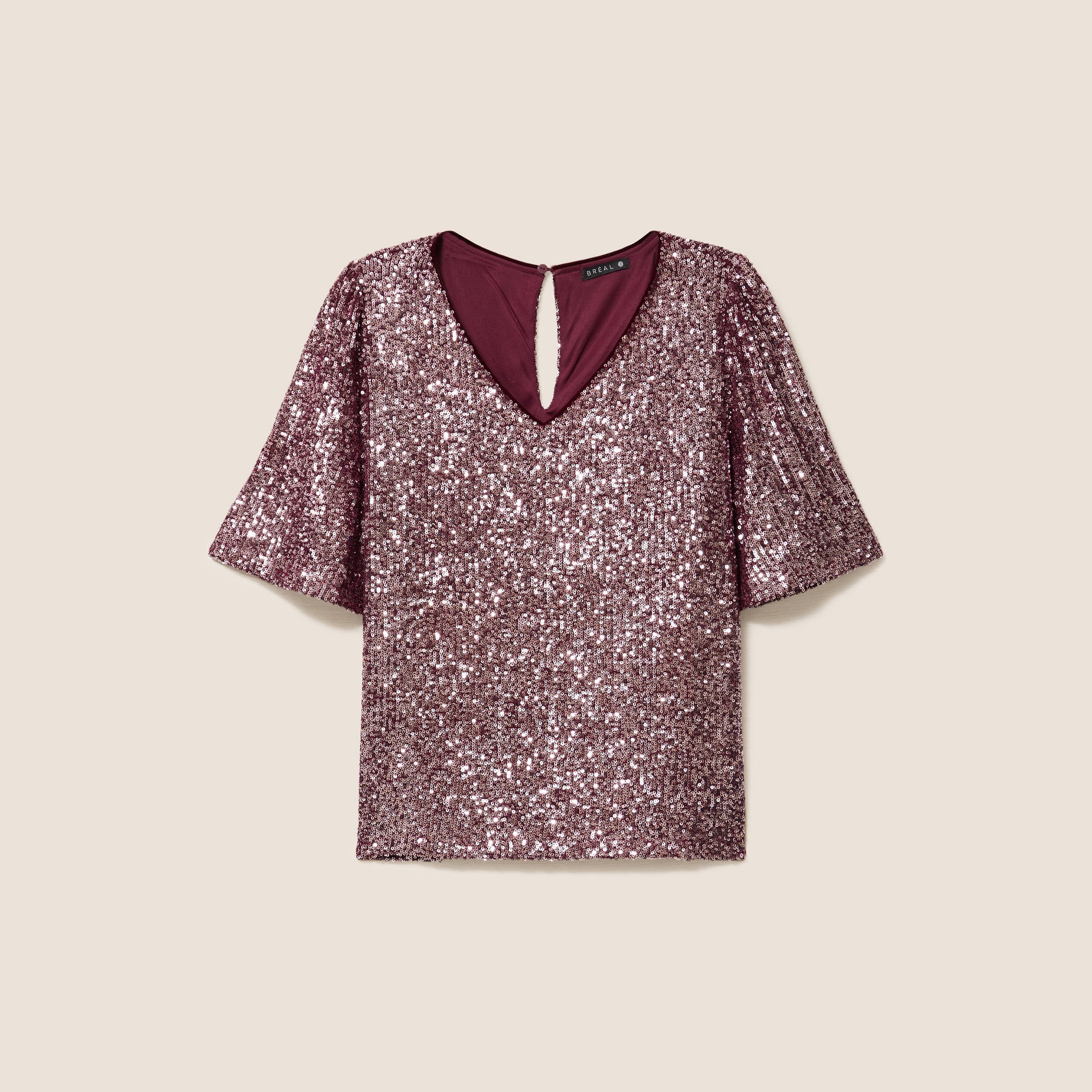 T-shirt &agrave; sequins manches coudes bordeaux femme