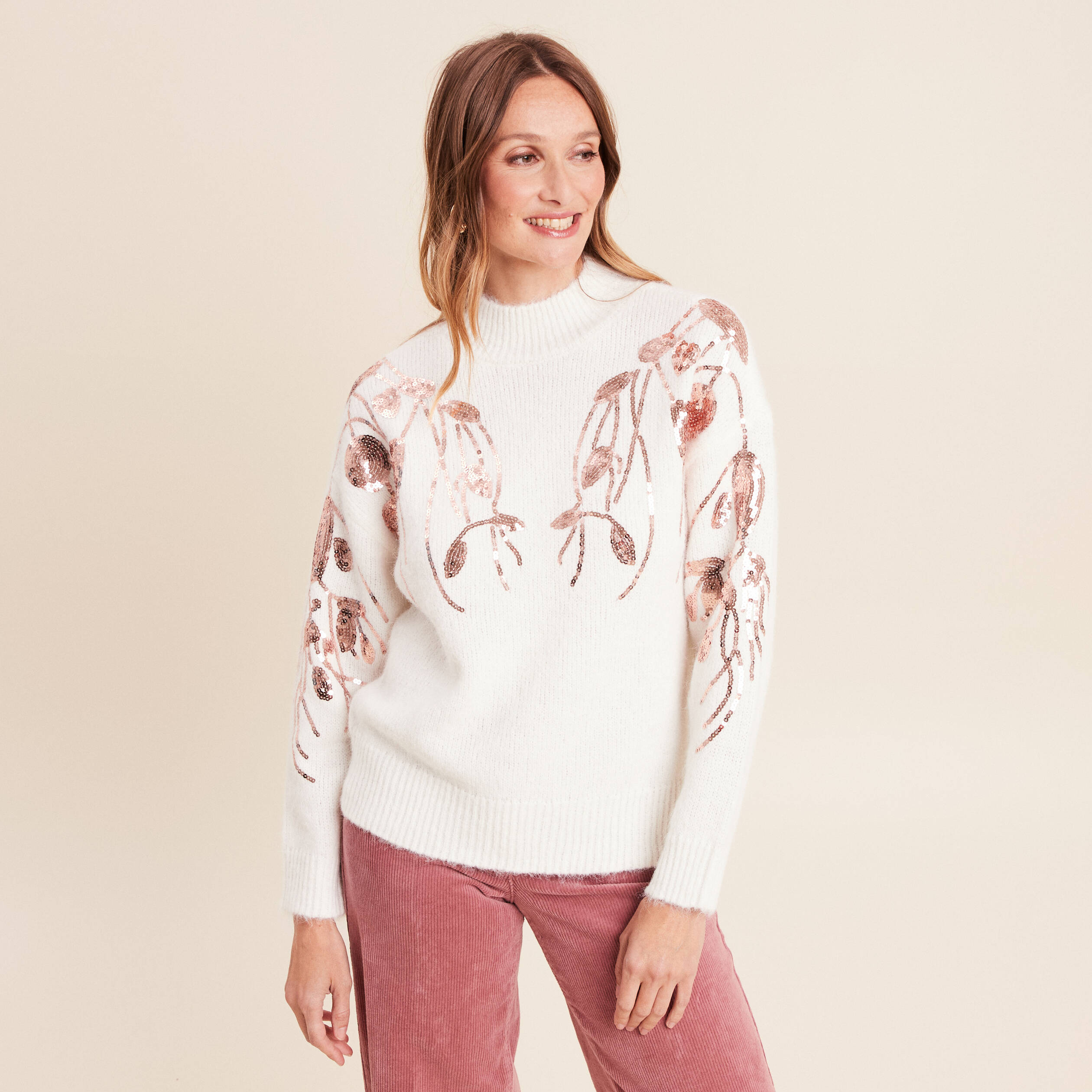 Pull col rond manches longues sequins ecru femme